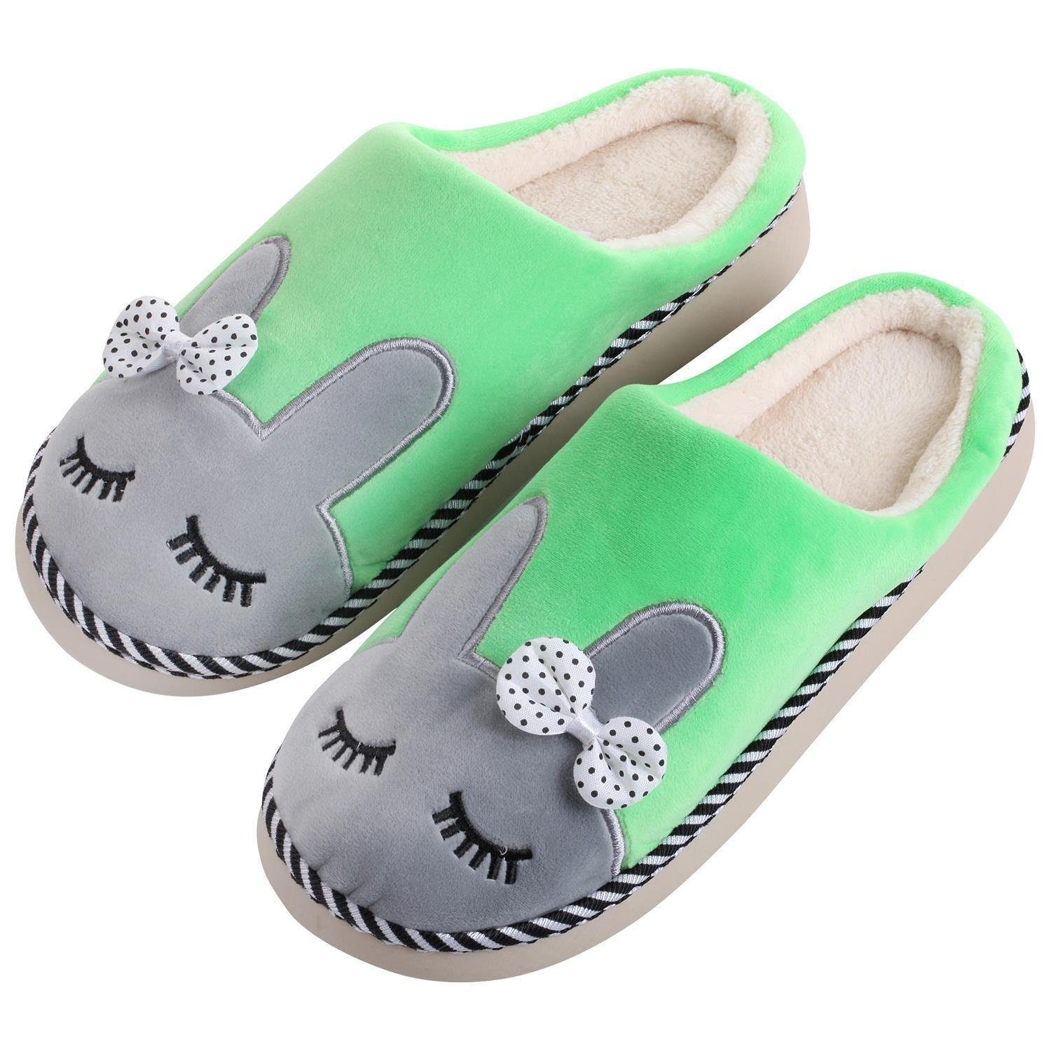 Katara Tier Pantoffeln Gr. 34-41 (Einhorn, Katze, Hase) Plüsch Hausschuhe Hausschuhe, weich, warm, süß, kuschelig, Plüsch Kaninchen (Grün)