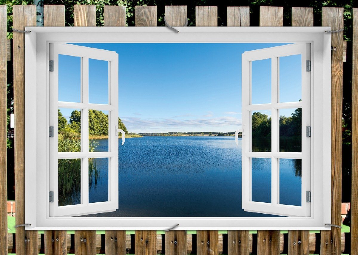 Thumbnail - Wallario Sichtschutzzaunmatten Malerischer See mit Schilf unter blauem Himmel, mit Fenster-Illusion