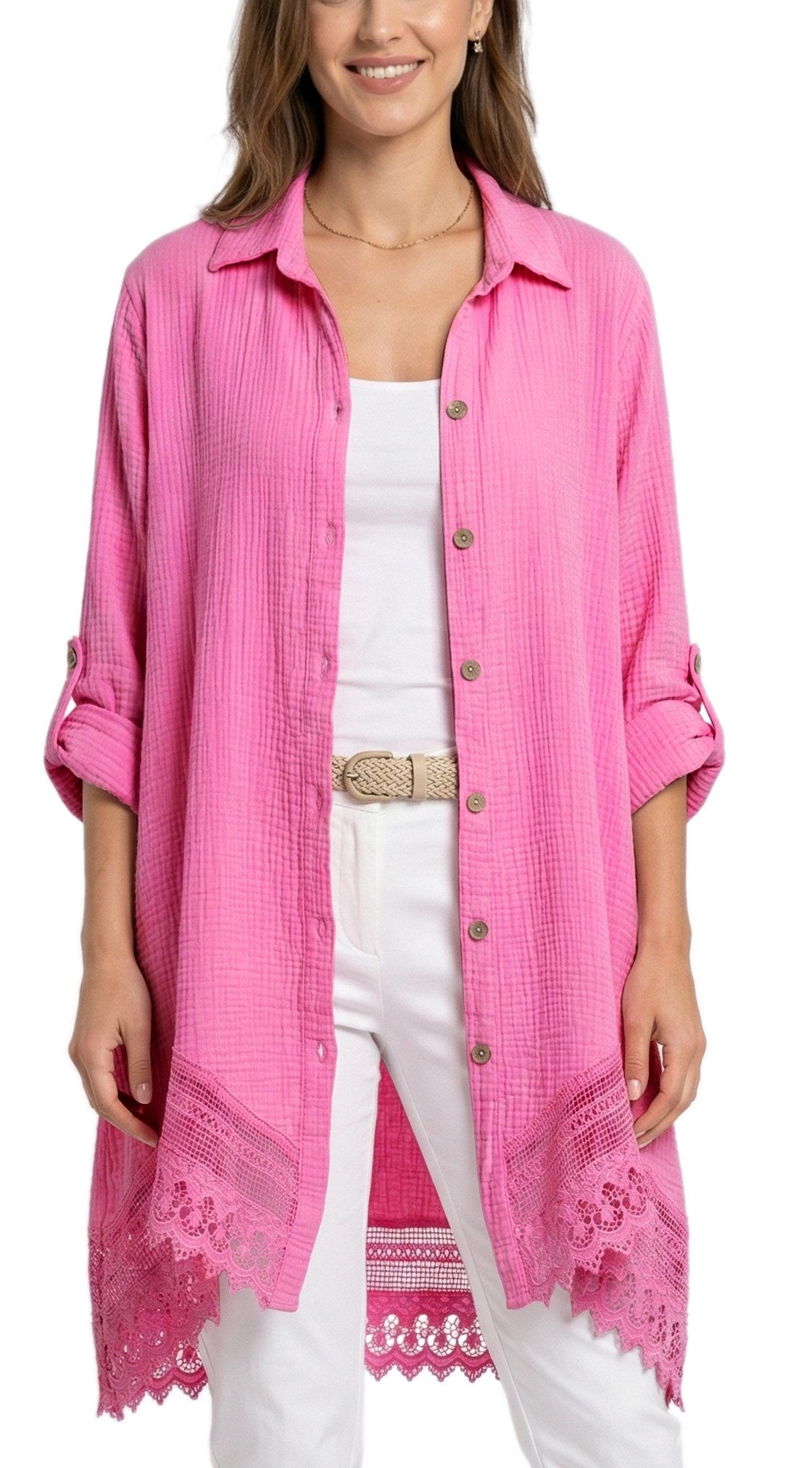 dy_mode Longbluse Damen Oversized Longbluse Musselin Tunika HemdbluseBlusenkleid in Unifarbe, dekorativem Häkel-Saum, Oversize-Passform