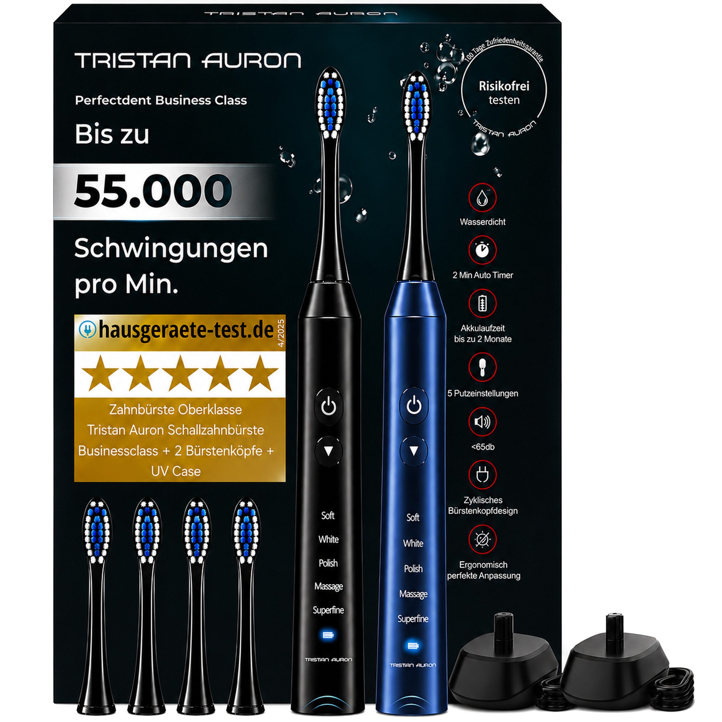 Tristan Auron Elektrische Zahnbürste Elektrische Zahnbürste Doppelpack 55000 VPM 60 Tage Akku 5 Modis IPX7, Aufsteckbürsten: 4 St., 2 Min Timer, 5 Modis, IPX7 Wasserdicht, 55 000 VPM, extrem leise <65db