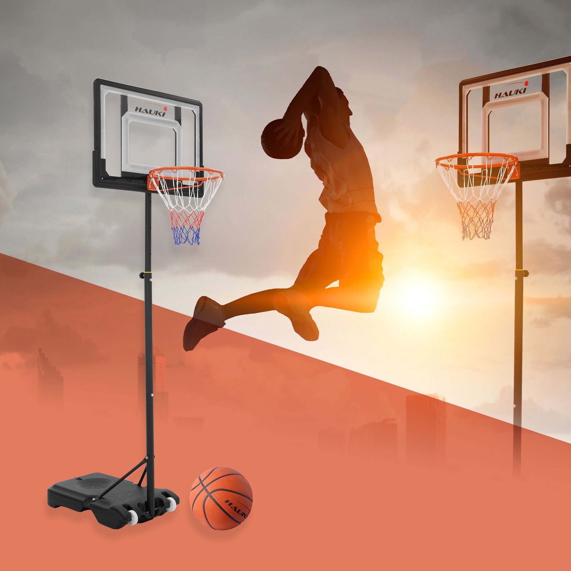 Hauki Basketballständer Basketballkorb-Set Outdoor mit Ständer Korbanlage (3 -St), Weiß Rollen Ball Pumpe höhenverstellbar 156-210cm mobil tragbar