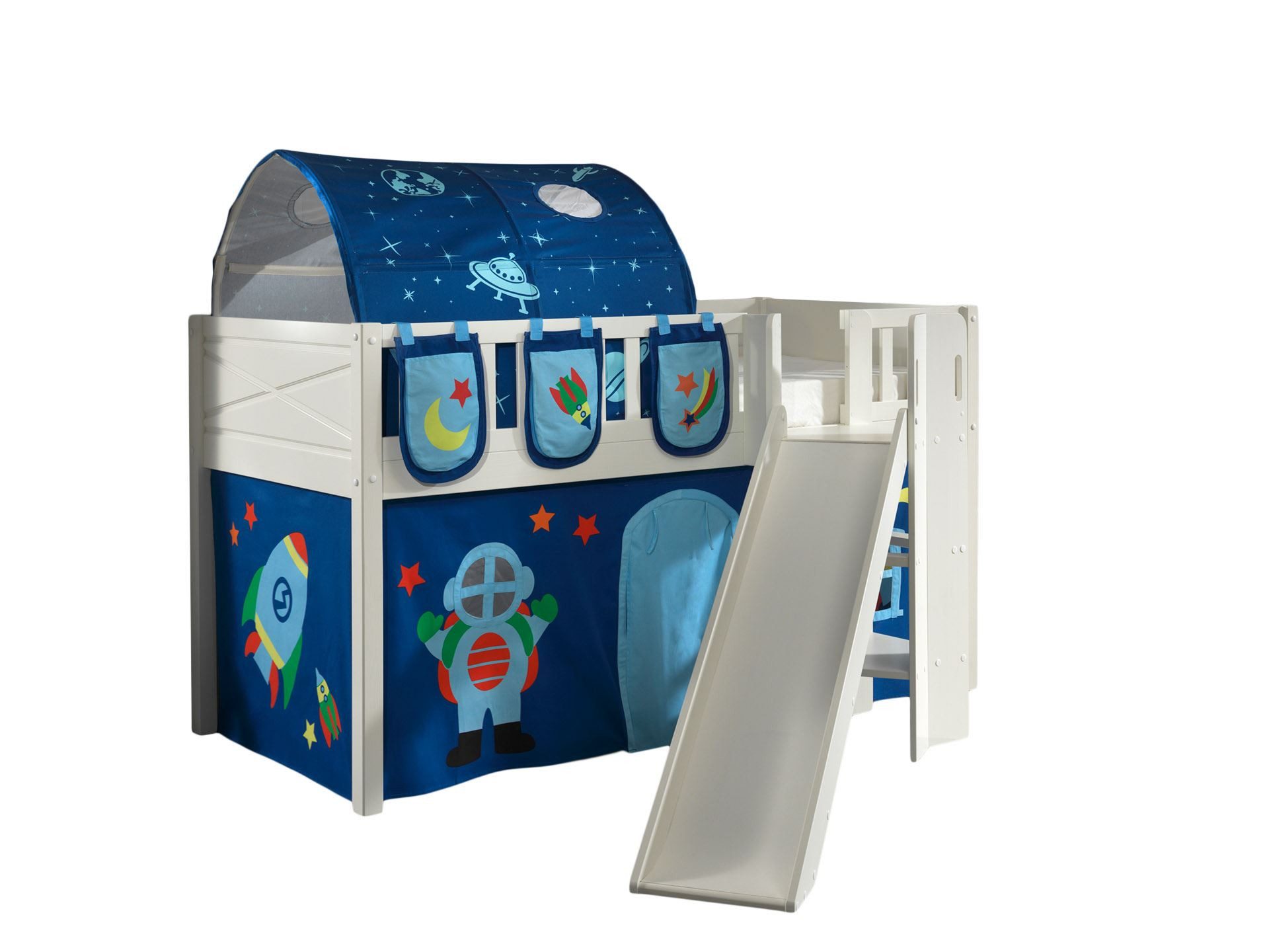 58 aufm Kessel Bettgestell Kinderbett mit Rutsche Karyl Massivholz Weiß Textilset Astro 4 (inkl. Versand, Lieferung bis Verwendungsstelle), Liegefläche 90 x 200, Rutsche im 33° Winkel, Rolllattenrost, Textilset