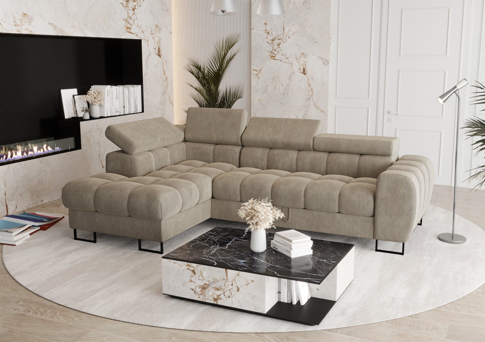 Fun Möbel Ecksofa Schlafsofa BASTIEN mit Ottomane in Stoff, inkl. Bettkasten, mit Rundumbezug, ausziehbare Liegefläche