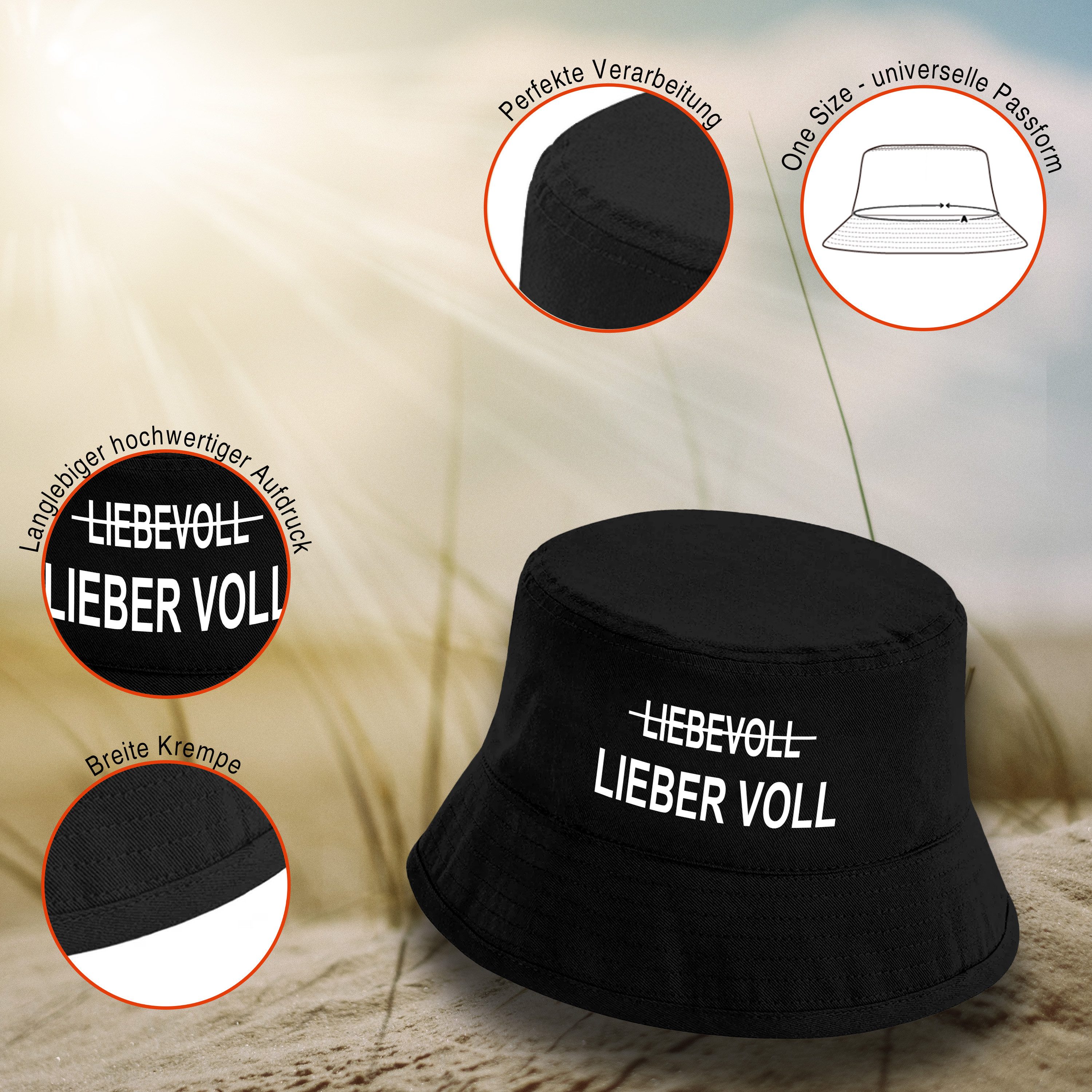 Herzbotschaft Sonnenhut Bucket Hat mit Spruch – LIEBEVOLL Lieber VOLL – Fischerhut, Sonnenhut Druck: LIEBEVOLL durchgestrichen darunter LIEBER VOLL