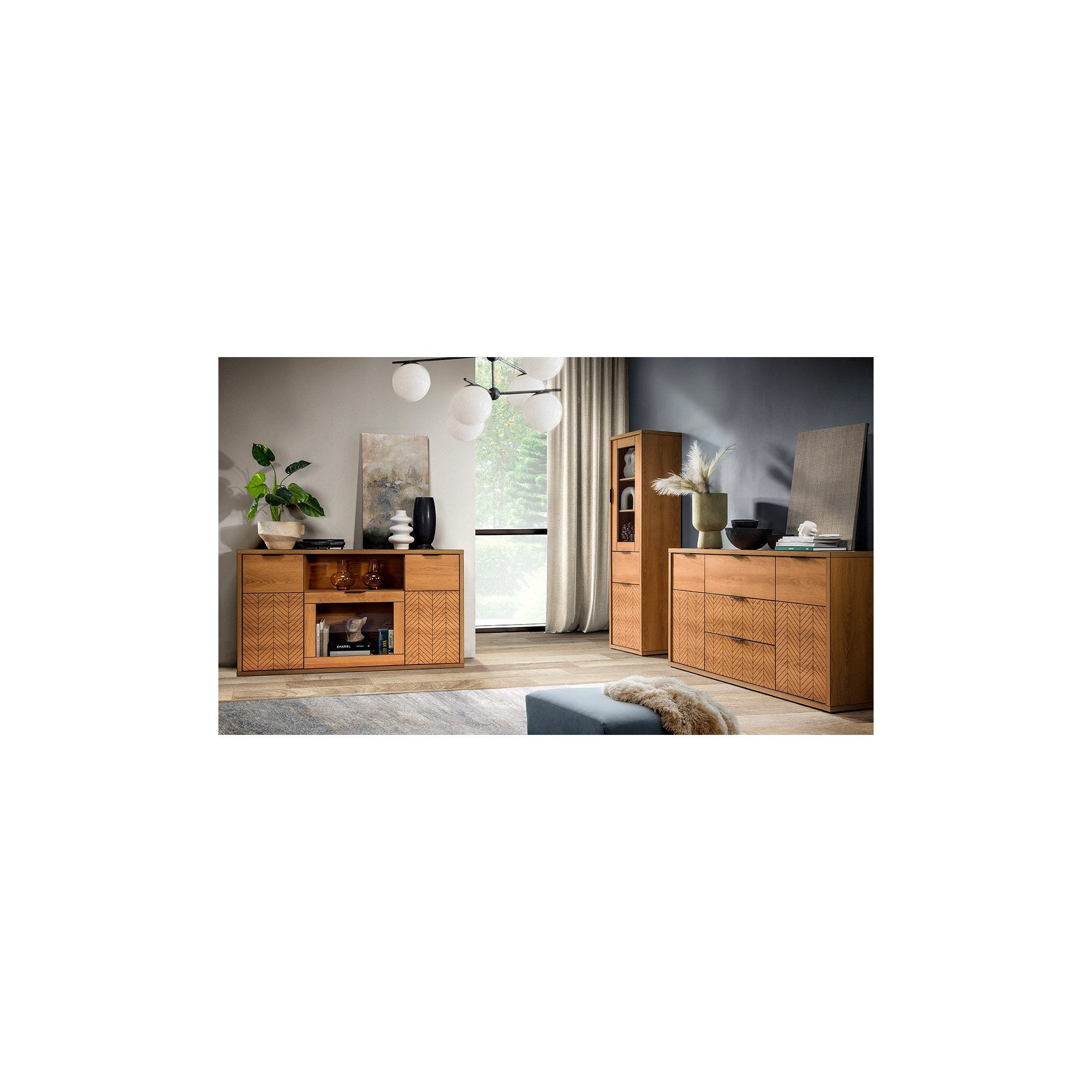 Raumhirsch Furniture Kommode Sideboard, Schrank, Wohnschrank, Anrichte (Maße: 117,5 x 40,6 x 90 cm (3 Schubladen, 1 Tür), Fischgrät-Front, Soft-Close-Scharniere, Natürlicher Wohnstil