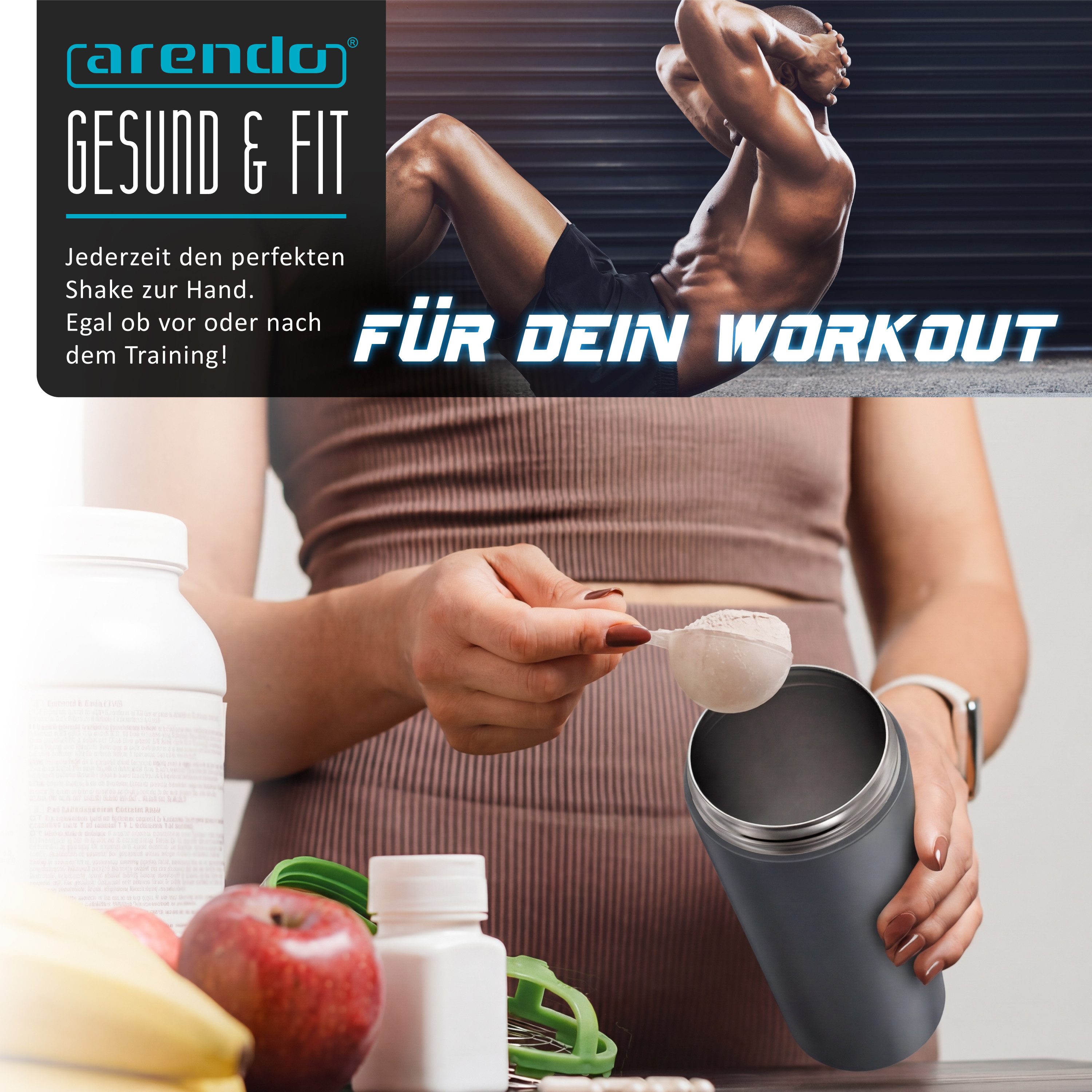 Arendo Protein Shaker Edelstahl Eiweißshaker 750 ml, verschließbar, bruchfest, BPA-frei, Edelstahl, (1-tlg), auslaufsicher, spülmaschinengeeignet, mit Tragegrif – Bild 5 von 5