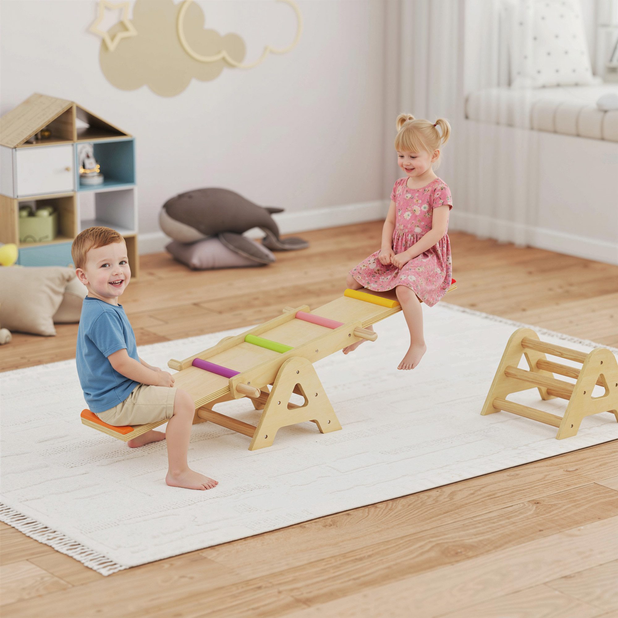 AIYAPLAY Wippe Kinderwippe (Holzwippe und Schwebebalken, 1-tlg., 2 in 1 Kinder Gartenwippe) für 2-4 Jahre, Mehrfarbig 133 x 38 x 24 cm