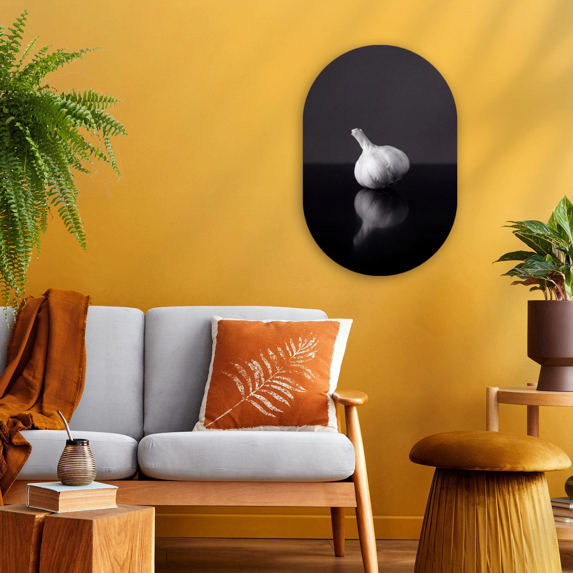MuchoWow Gemälde Knoblauch - Schwarz - Weiß, Fotodruck (1 St), Wandbild Oval, Wohnzimmer oder Schlafzimmer Wanddekoration, 40x60 cm
