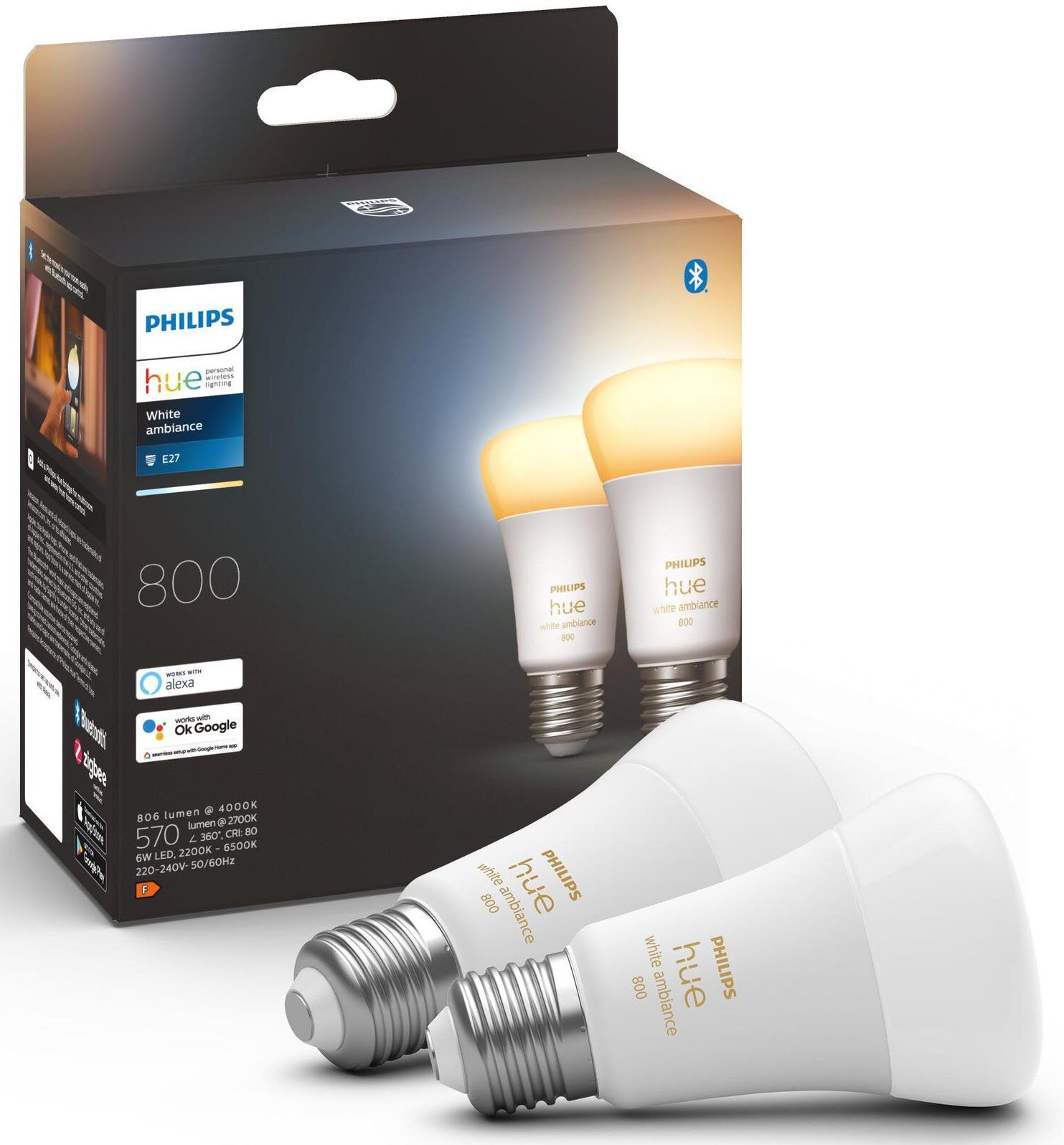 Hue St., LED-Leuchtmittel E27, bis E27 Philips - Dopelpack White tageslichtweiß Warmweiß, 2 CCT-Farbtemperatursteuerung warmweiß Ambiance 2x570lm60W!,