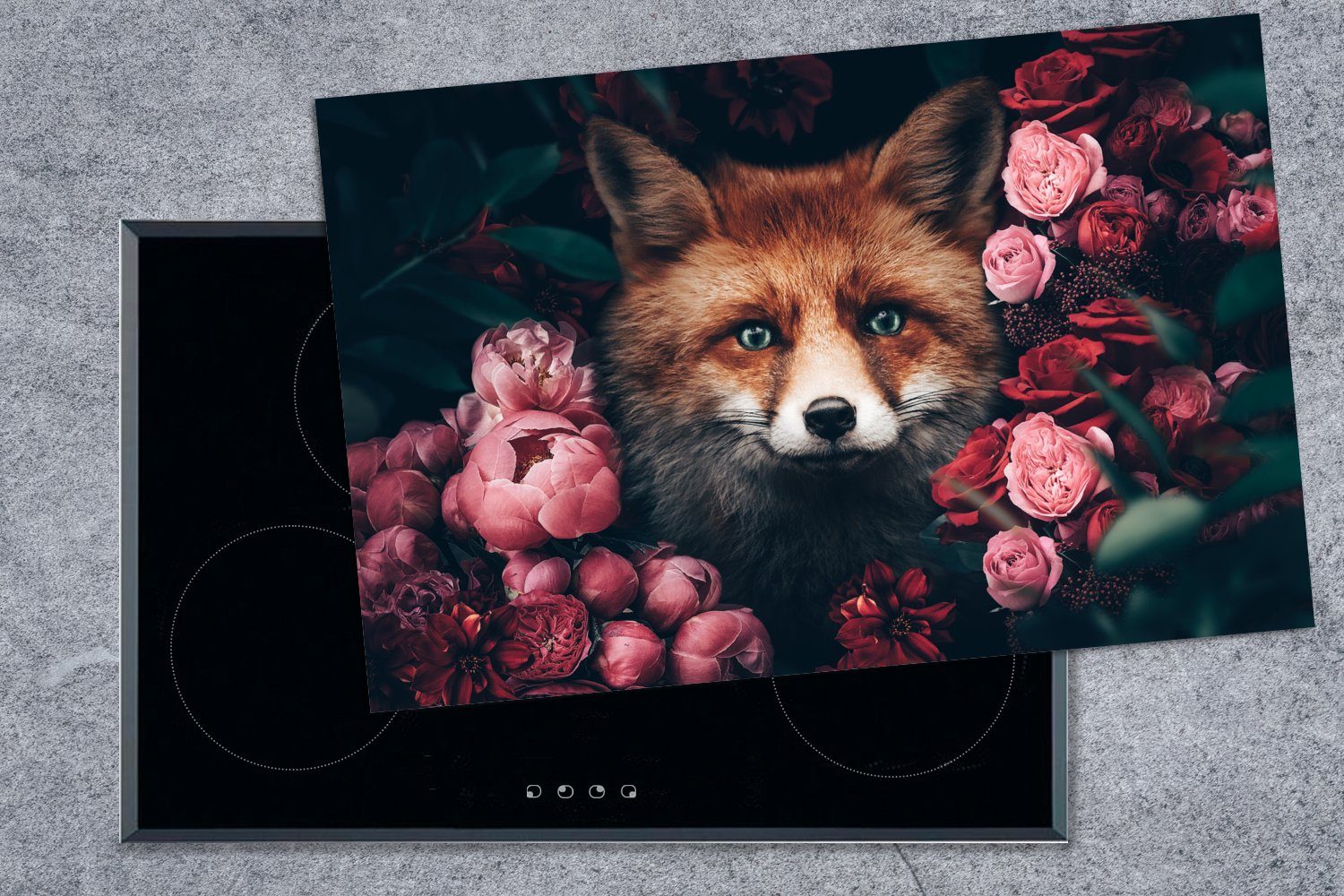 - Herdblende-/Abdeckplatte Schutz cm, für - (1 tlg), Tiere, 80x52 küche, Ceranfeldabdeckung MuchoWow Induktionskochfeld Fuchs die Vinyl, Blumen