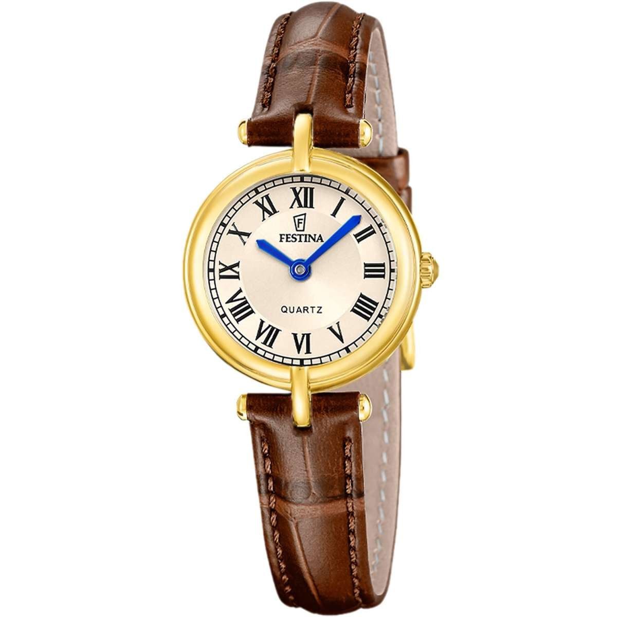 Festina Quarzuhr F20788/2, für Damen-Uhr Quarz mit Lederband Braun/Goldfarben