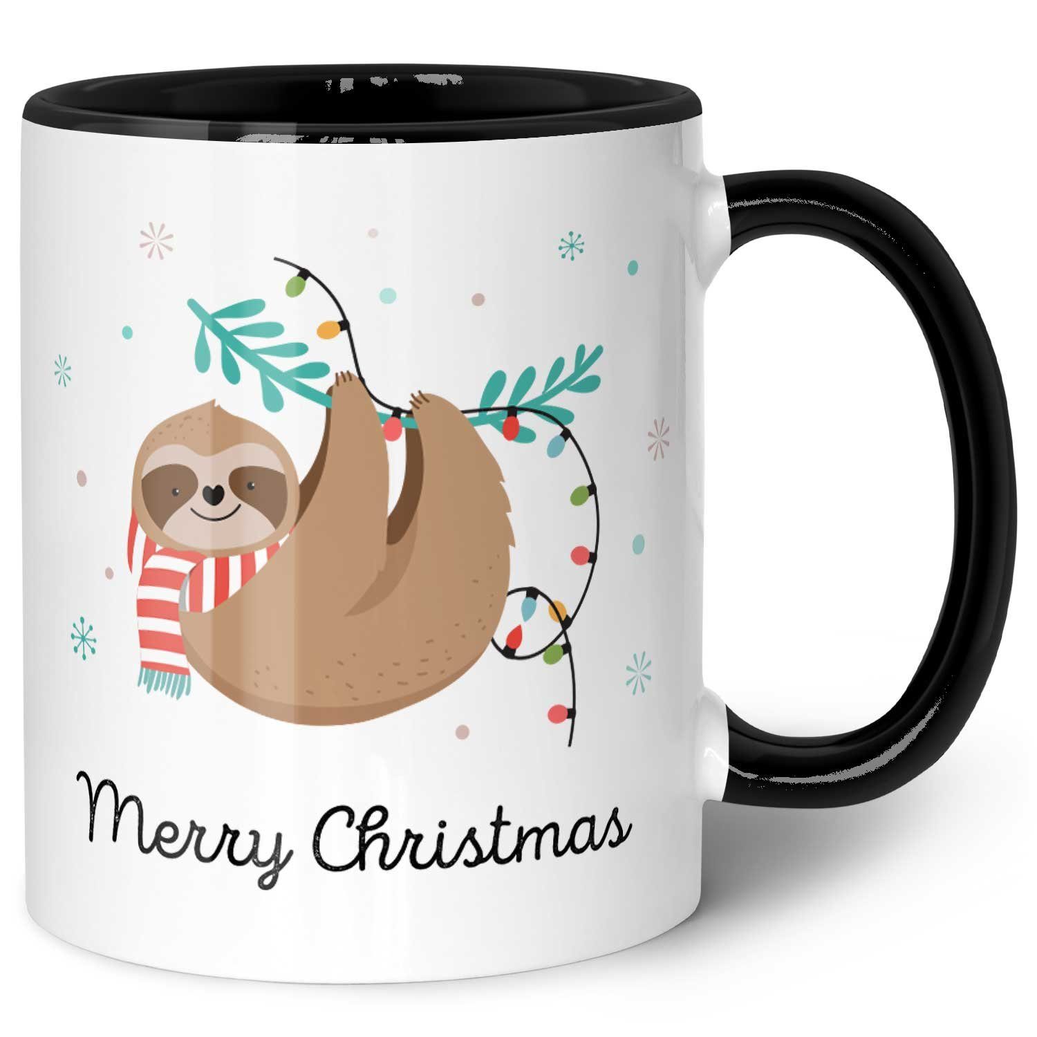 GRAVURZEILE Tasse mit Weihnachtsmotiv - Geschenke für Frauen & Männer zu Weihnachten, Spülmaschinenfest - Merry Christmas Faultier - Schwarz und Weiß | Teetassen