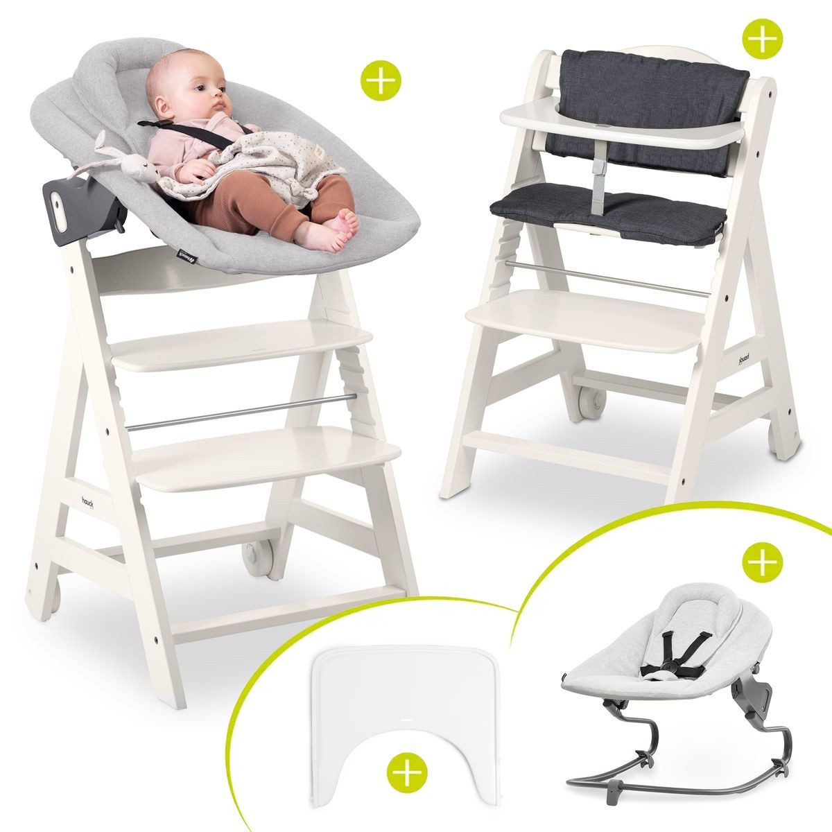 Hauck Hochstuhl Beta Plus White - Newborn Set Premium, Babystuhl ab Geburt mit Neugeborenen Aufsatz, Sitzpolster & Essbrett