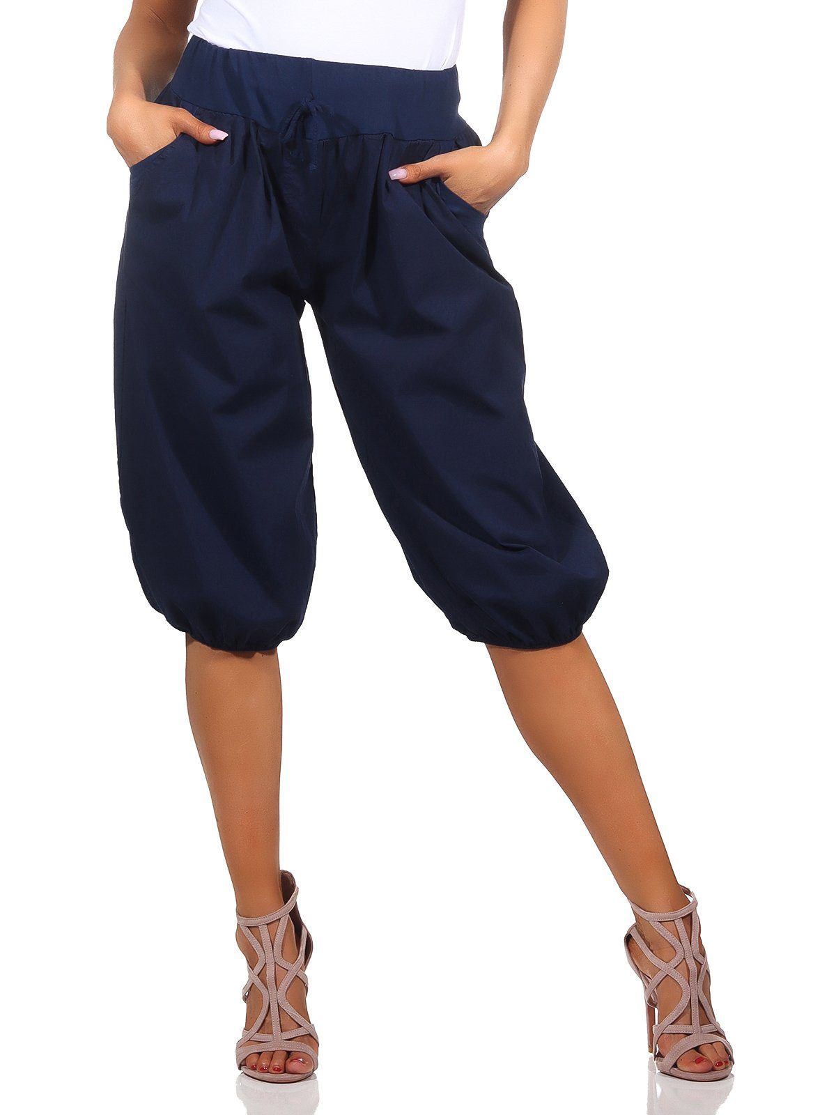 Mississhop Caprihose Damen Baumwolle M.374 100 Sommerhose % Haremhose Dunkelblau