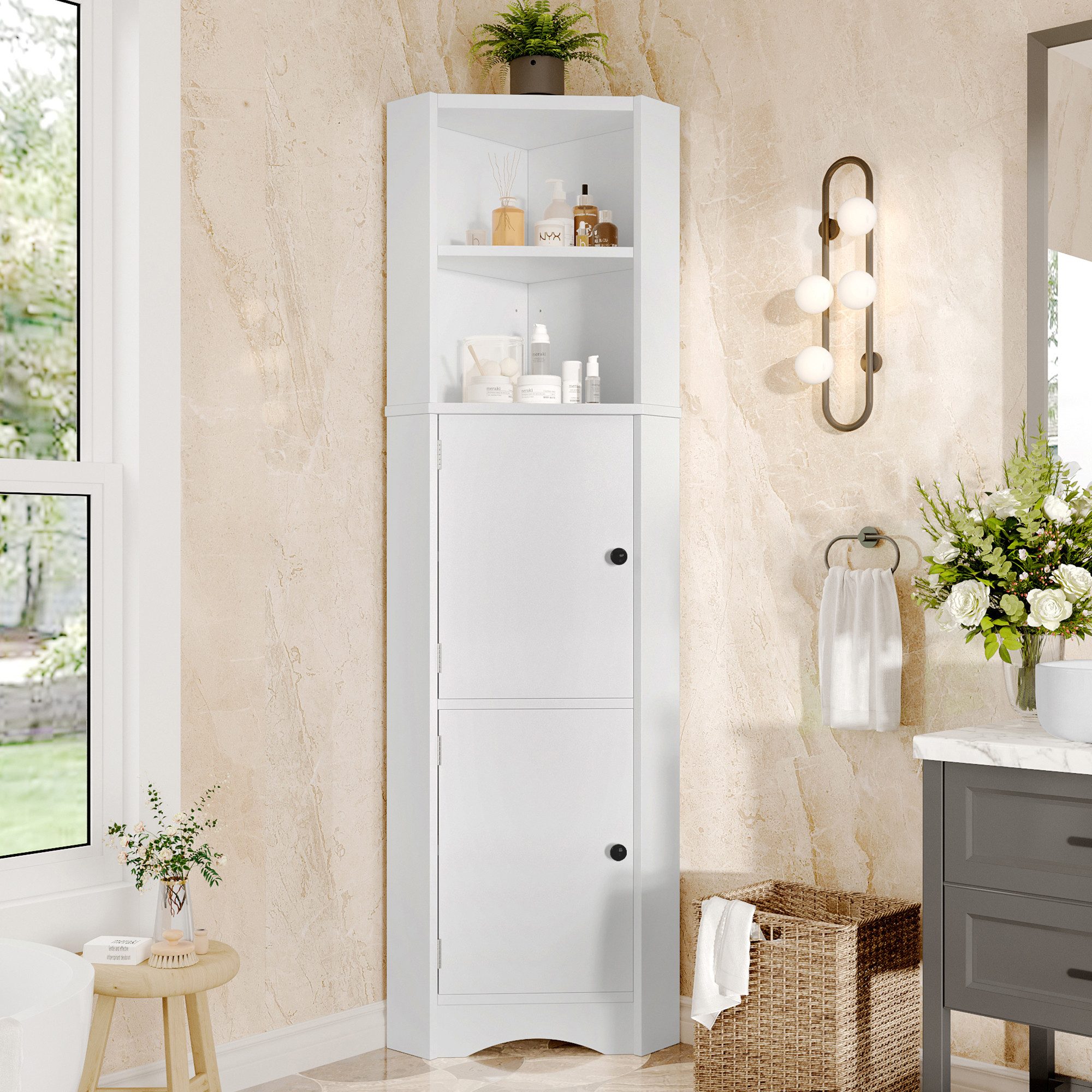 Wildhome Eckschrank Hochschrank Badschrank Küchenschrank Standregal, 37x32x155,4 cm (1-St) mit 2 Türen, 2 offenen Ablagen und verstellbaren Einlegeböden