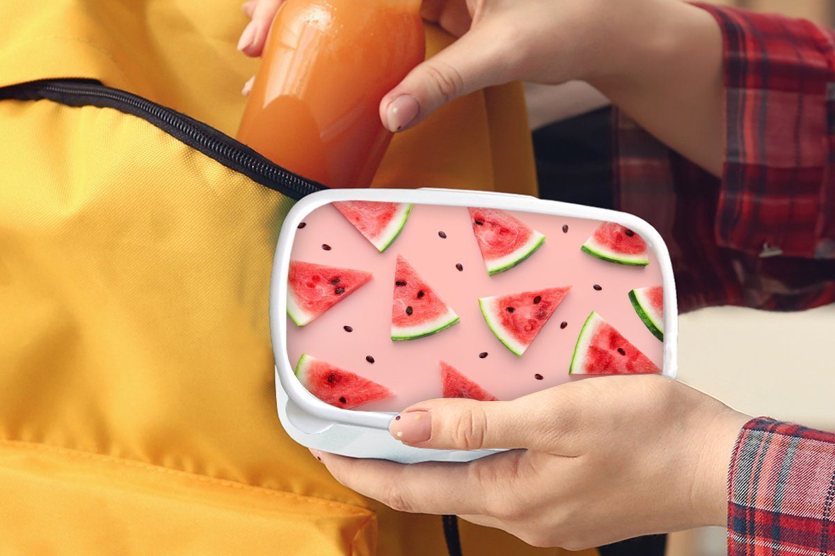 MuchoWow Lunchbox Wassermelone und und weiß Muster, Brotbox Brotdose, Mädchen Sommer Erwachsene, - für - Jungs (2-tlg), für Kunststoff, - Kinder Rosa