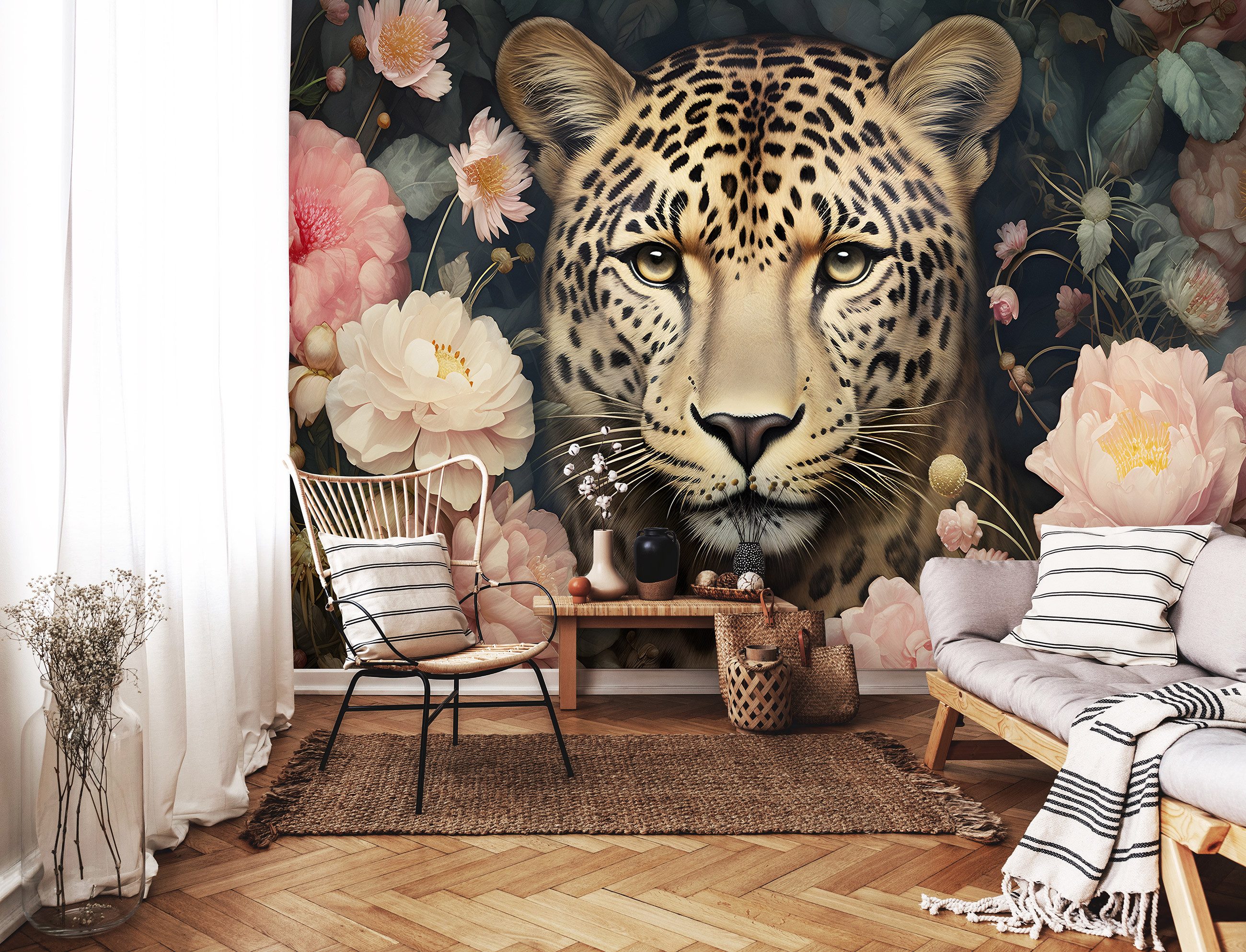 Wallarena Fototapete Jaguar Tiere Blumen Vlies günstig online kaufen