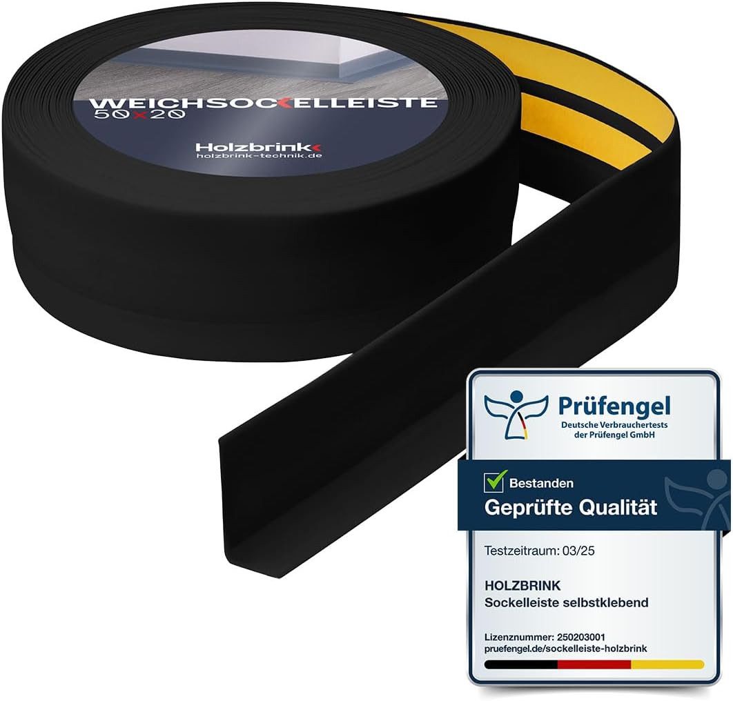 HOLZBRINK Sockelleiste PVC Weichsockelleiste selbstklebend 50x20mm Schwarz, L: 500 cm, 5m Rolle, Küchenabschlussleiste Arbeitsplatte, Fensterleiste, Fensterabdichtung