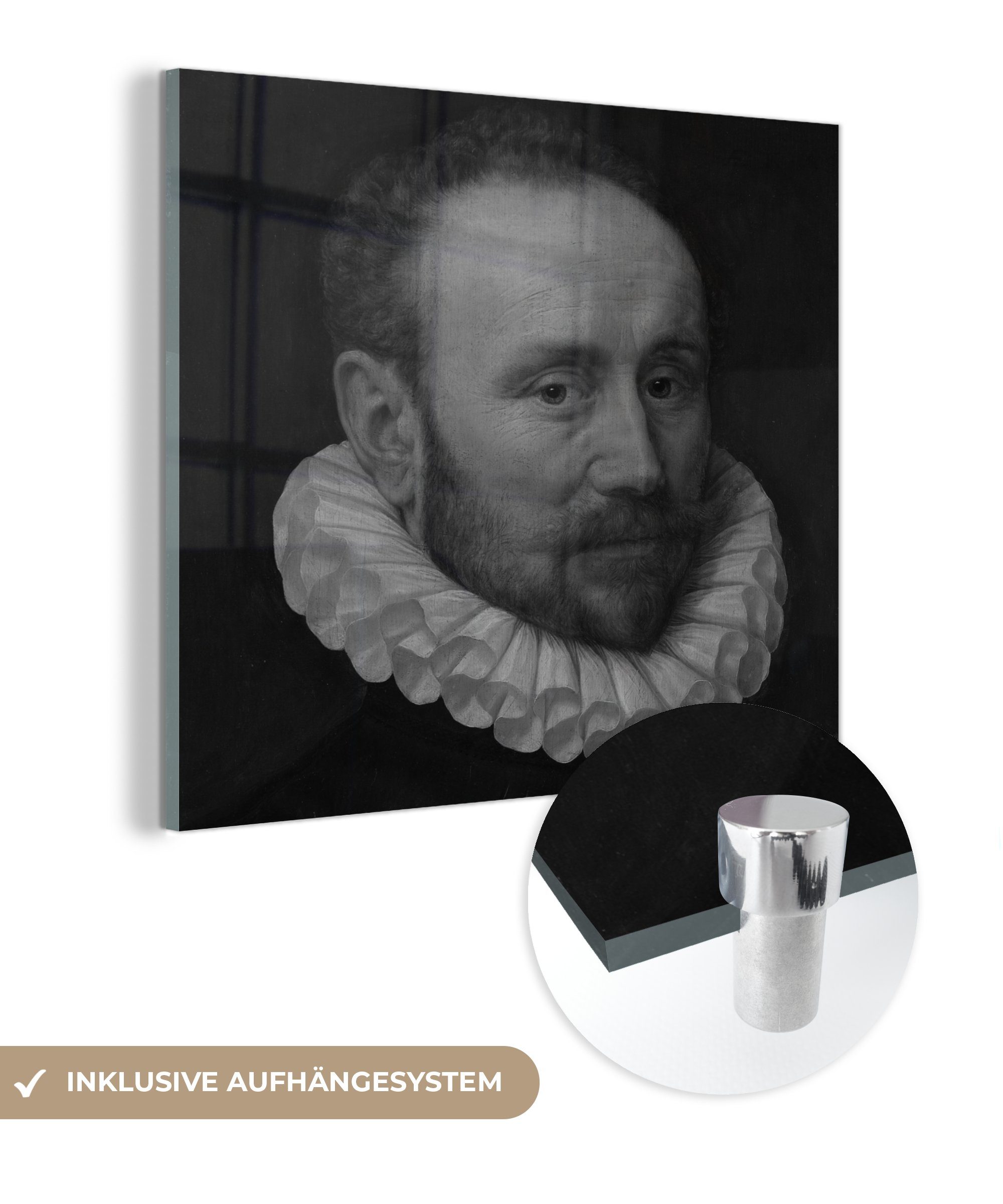 MuchoWow Acrylglasbild Porträt eines Mannes in schwarz und weiß - Gemälde von Adriaen Thomasz, (1 St), Glasbilder - Bilder auf Glas Wandbild - Foto auf Glas - Wanddekoration