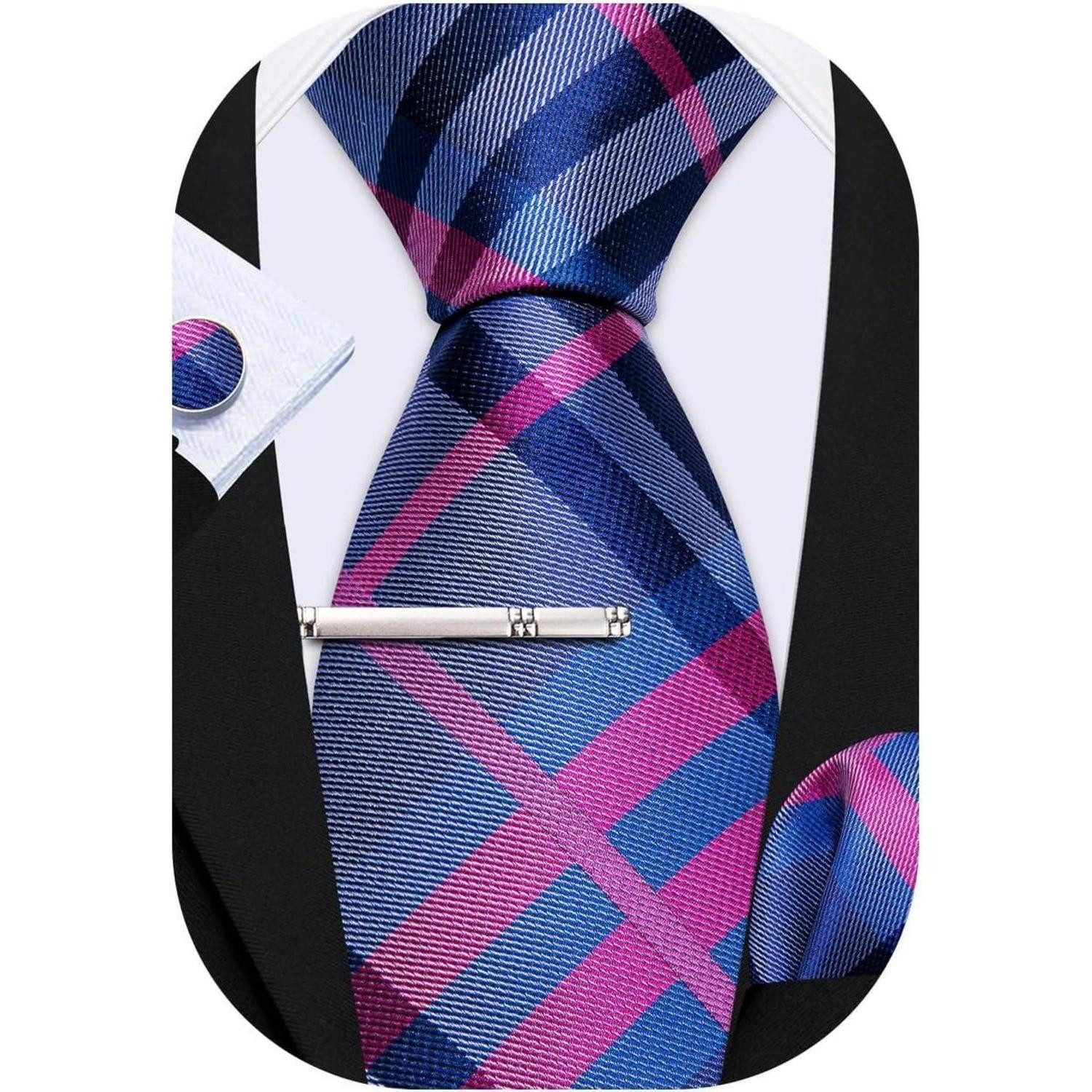 LuxusKollektion Krawatte Krawatte Seide Set Einstecktuch Manschettenknöpfe Rosa Blau Grau (1-St)