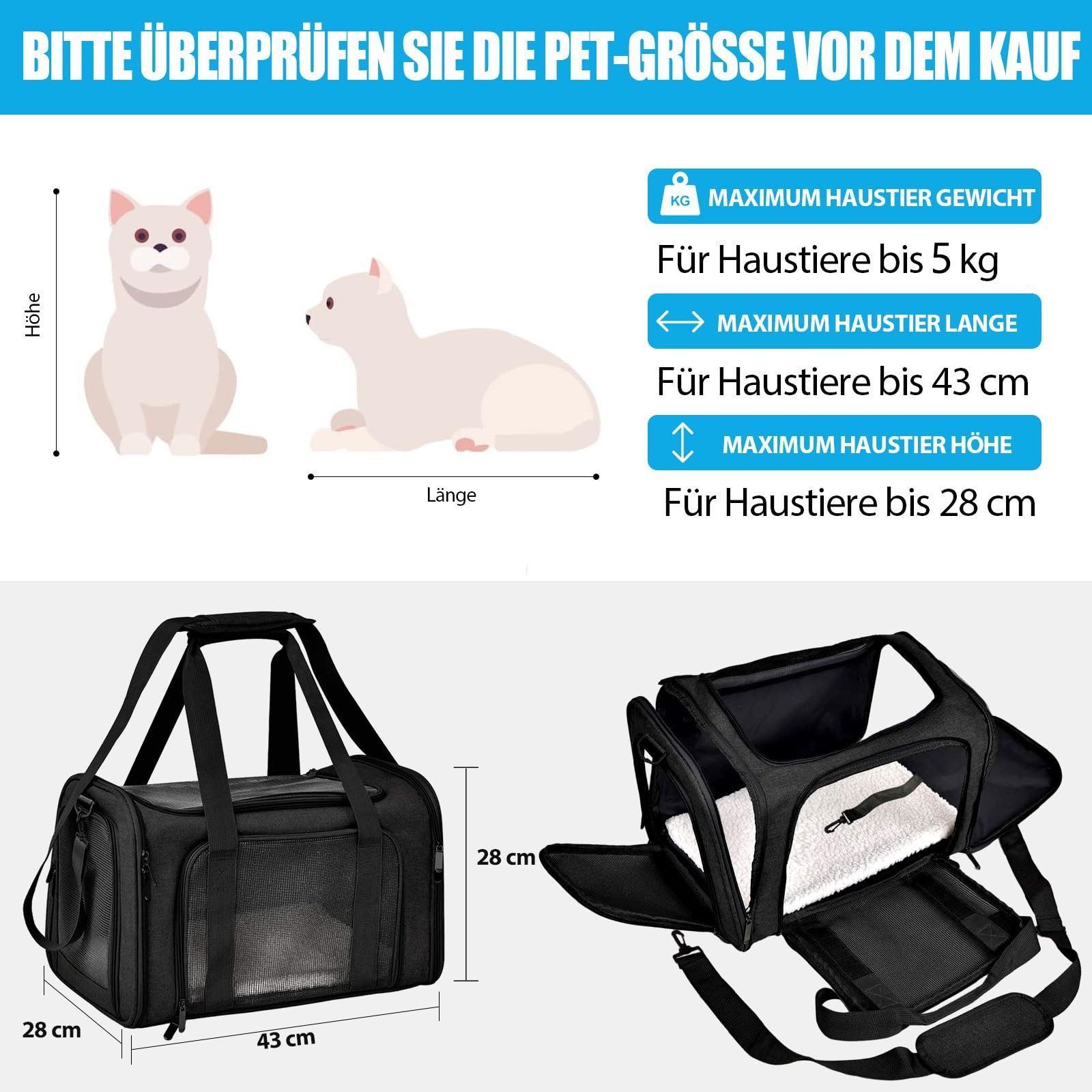 BlingBin Tiertransporttasche Transporttasche für Katze Hund, Faltbare Hundebox Katzentransportbox bis 18 kg, Hundetransporter für Mittel Kleine Hund Katze Haustiere im Flugzeug