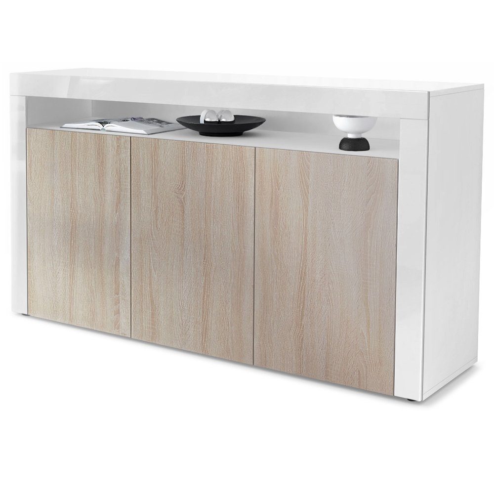 Vladon Sideboard Valencia (Sideboard, mit 3 Türen und 1 offenem Fach), Weiß matt/Eiche sägerau/Weiß Hochglanz (155 x 92 x 40 cm)