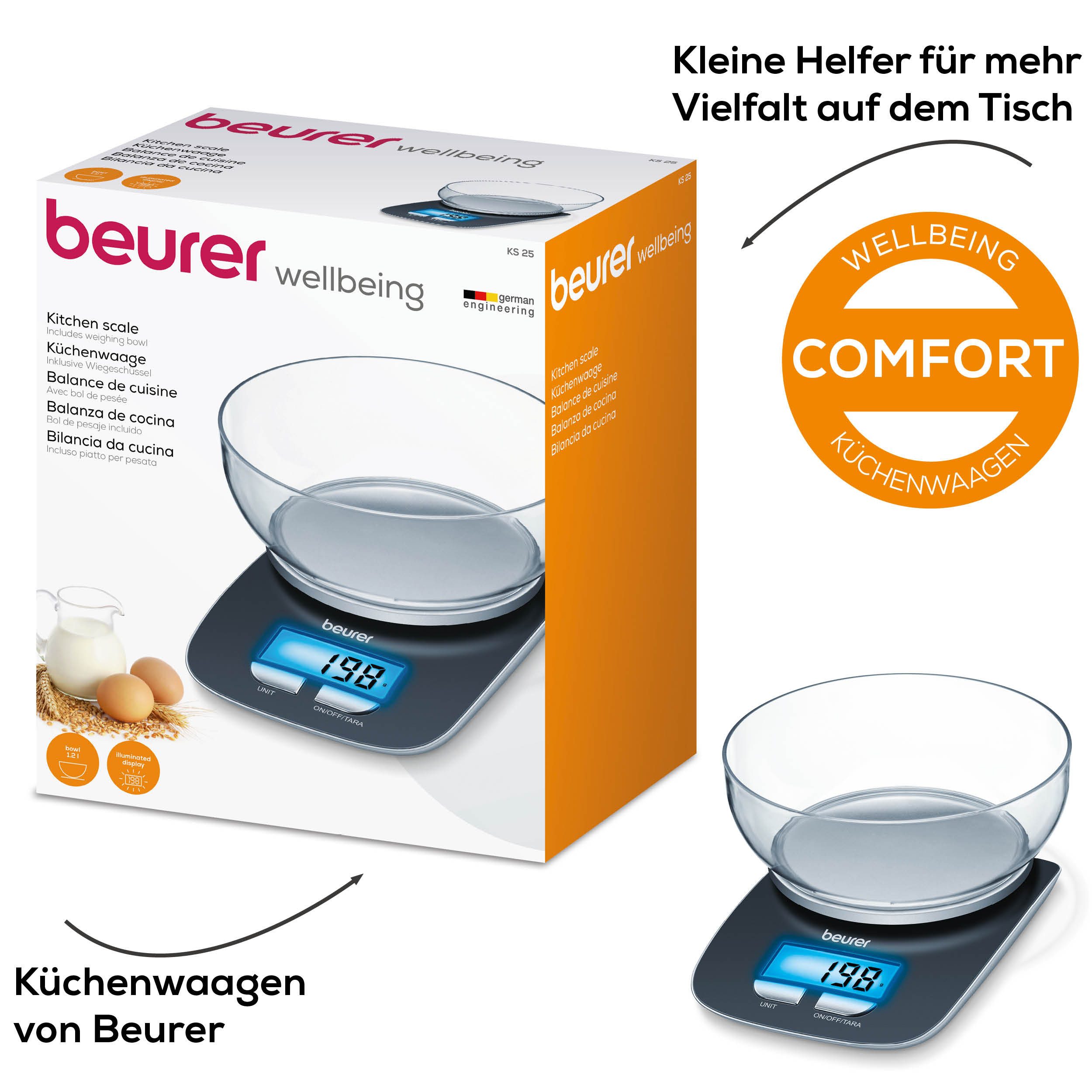 BEURER Küchenwaage KS 25 Haushaltswaage, mit praktischer Schüssel, Tara-Zuwiegefunktion, Koch- und Backwaage mit 3 kg Tragkraft und Schüssel mit 1,2l