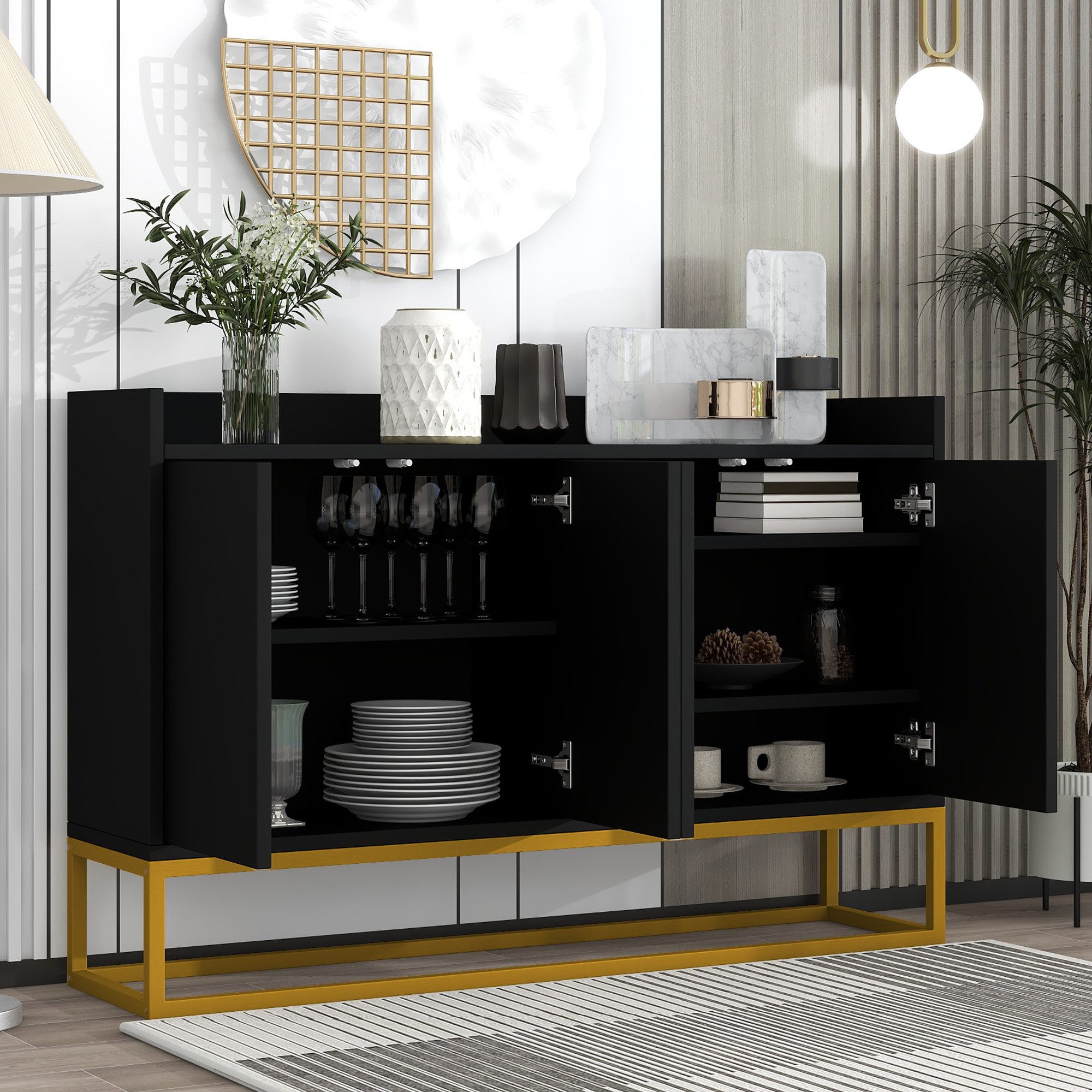 Flieks Sideboard, Kommode mit 4 Türen mit goldenen Metallbeine 120x30x80cm