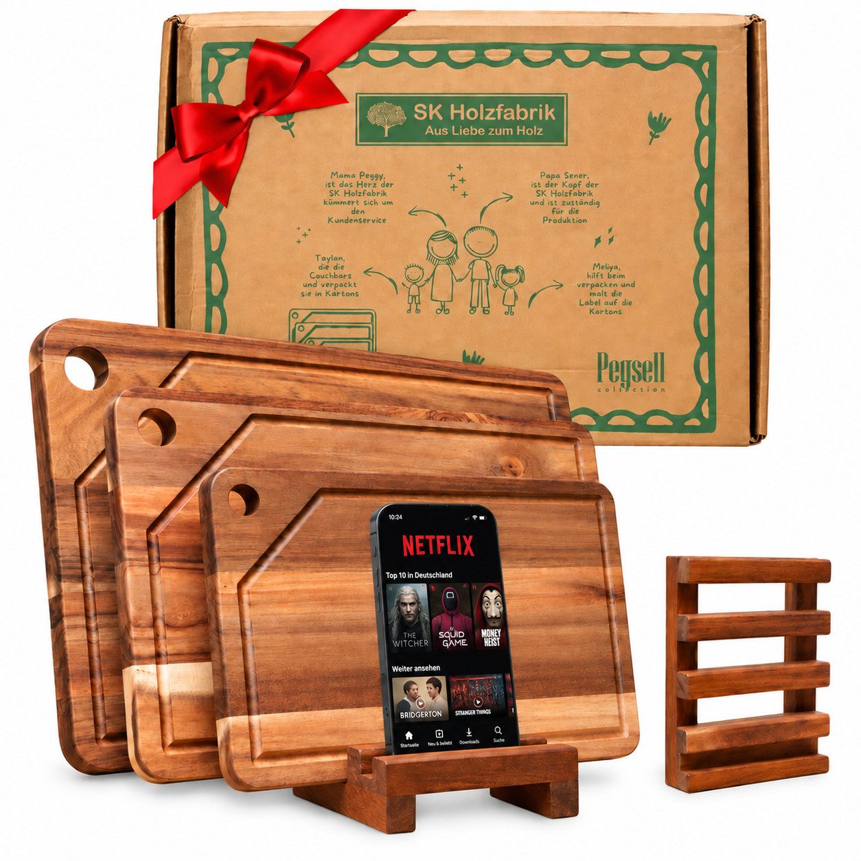 PEGSEN Schneidebrett Set Küchenbretter aus Holz mit Saftrille & Brettständer, Akazie, (Set, 4-St., 3 Schneidebretter mit Holzständer), inkl. Tablet - und Handyhalterung