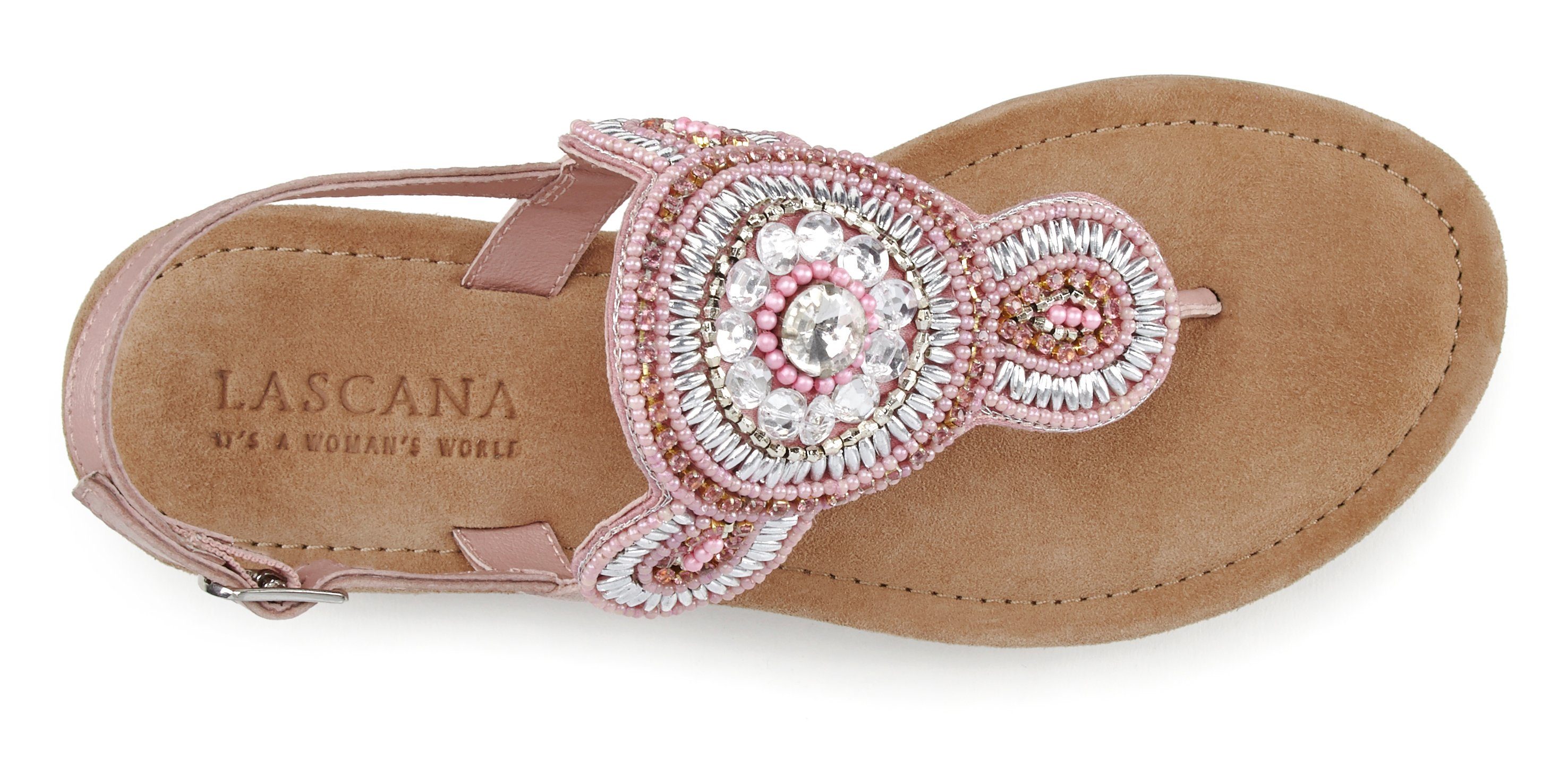 LASCANA Sandalette, Sommerschuh, offener Schuh, Zehentrenner Sandale, Pantolette in Glitzer-Optik und softer Lederinnensohle