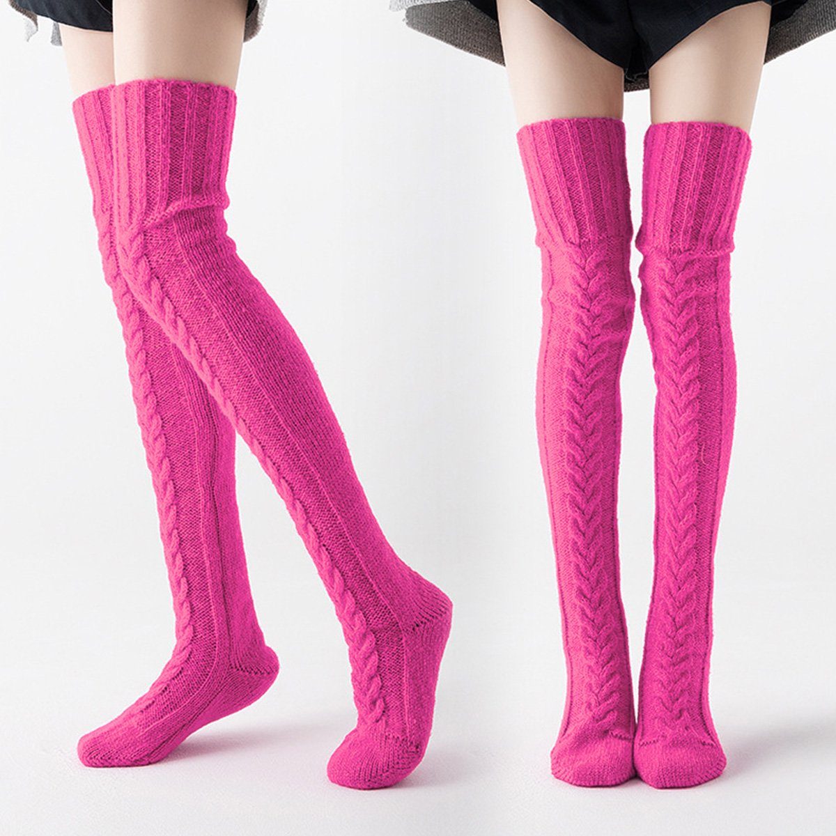 DOPWii Socken Strickstrümpfe Damen, dehnbare Winter-Overknee-Strümpfe, 105/85cm Rose Rot | Socken