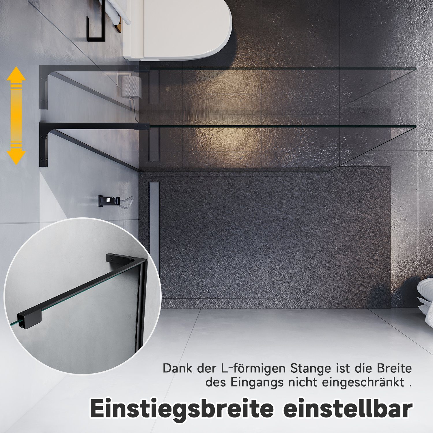SONNI Walk-in-Dusche Walk-in-dusche schwarz, Walk-In Duschen, Duschtrennwand, NANO, ESG, Aluminiumrahmen, Einscheibensicherheitsglas, Sicherheitsfolie, NANO, 90-120 x 200cm auf Duschtassen oder Boden montierbar, schwarz