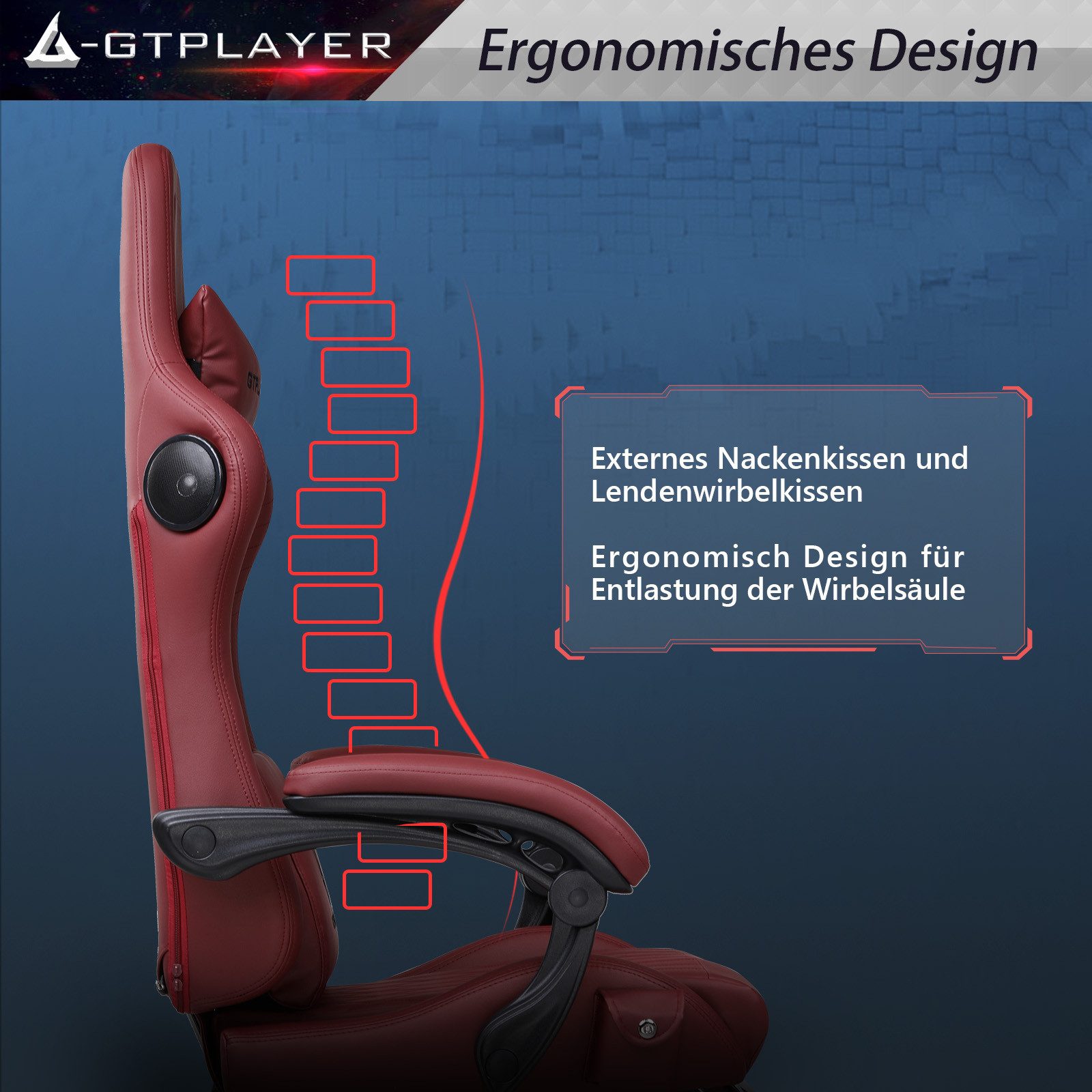 GTPLAYER Gaming-Stuhl ergonomischer Bürostuhl mit HIFI Stereo Lautsprecher, Verbindungsarmlehen beeindrukende Klang-atmosphäre