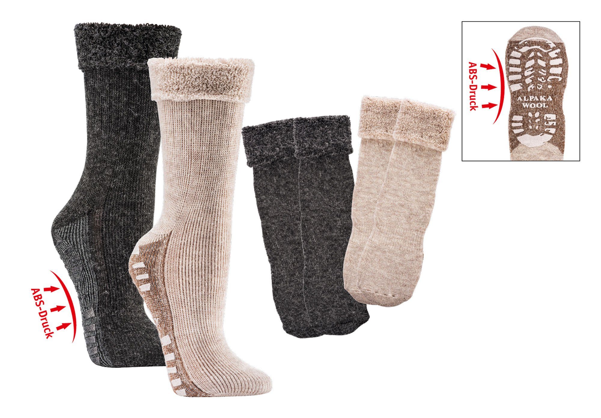 Wowerat ABS-Socken mit Alpaka Wolle Bettsocken Druck auf gefüttert ABS beige flauschig Paar) der extra mit Sohle Homesocks (2