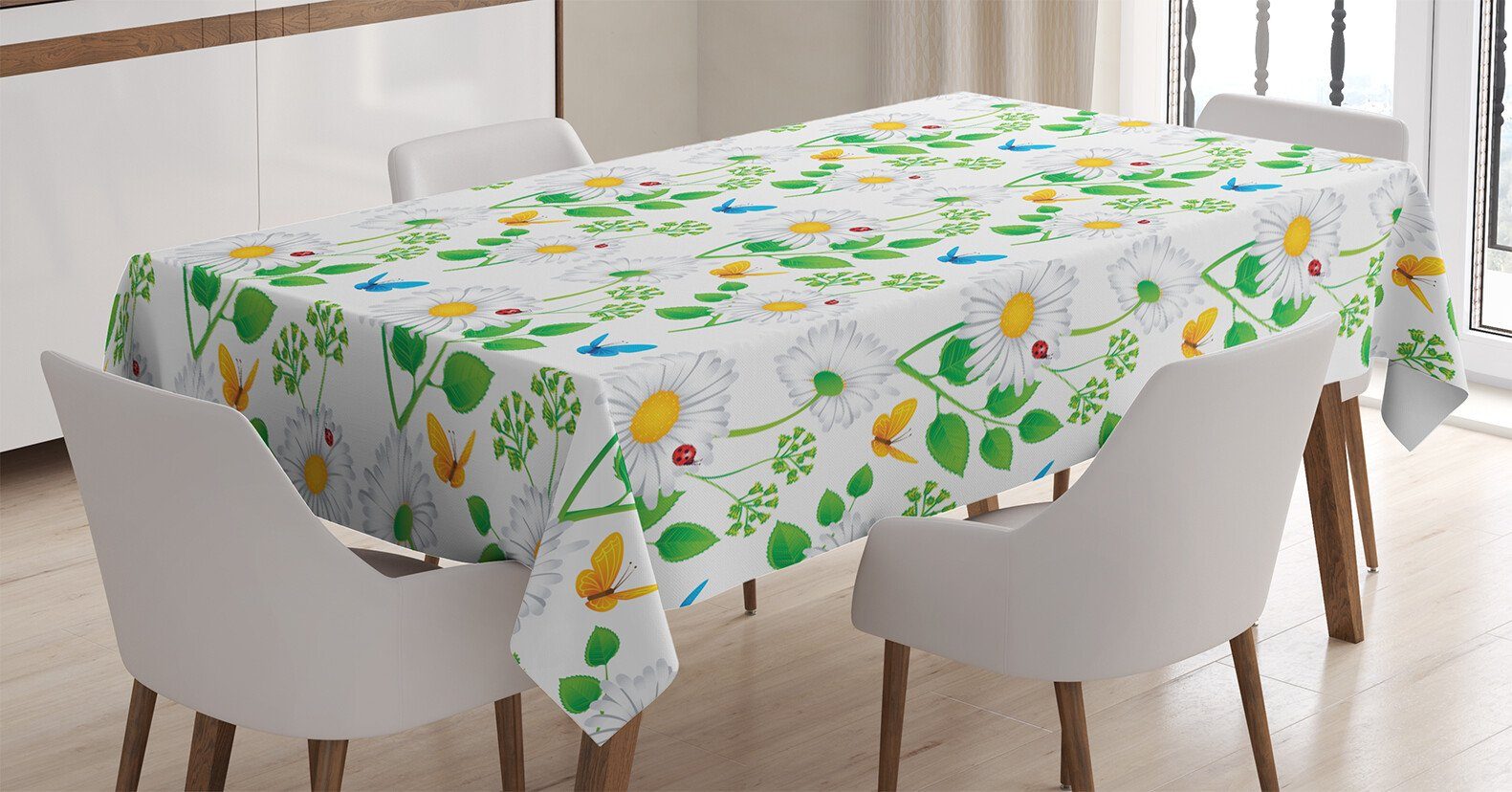 Abakuhaus Tischdecke Farbfest Waschbar Für den Außen Bereich geeignet Klare Farben, Blume Marienkäfer auf Kamillen