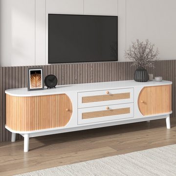 Sweiko Lowboard, TV-Schrank mit 2 Schubladen und 2 Schiebetüren, Rattan-Schubladen, Massivholzfüße, 170 x 39,5 x 46 cm