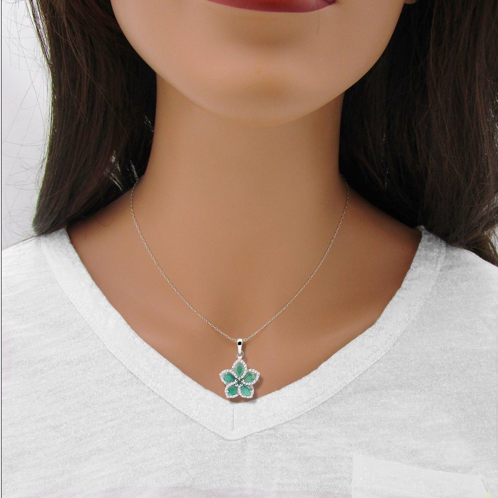 Limana Kette mit Anhänger Blumenkette Damen Smaragd Saphir 925 Silber Geschenk für Frauen (Freundin Mama Ehefrau inkl. Schmuckdose und Tasche), Geburtstag Jahrestag Weihnachten Valentinstag Muttertag Hochzeitstag