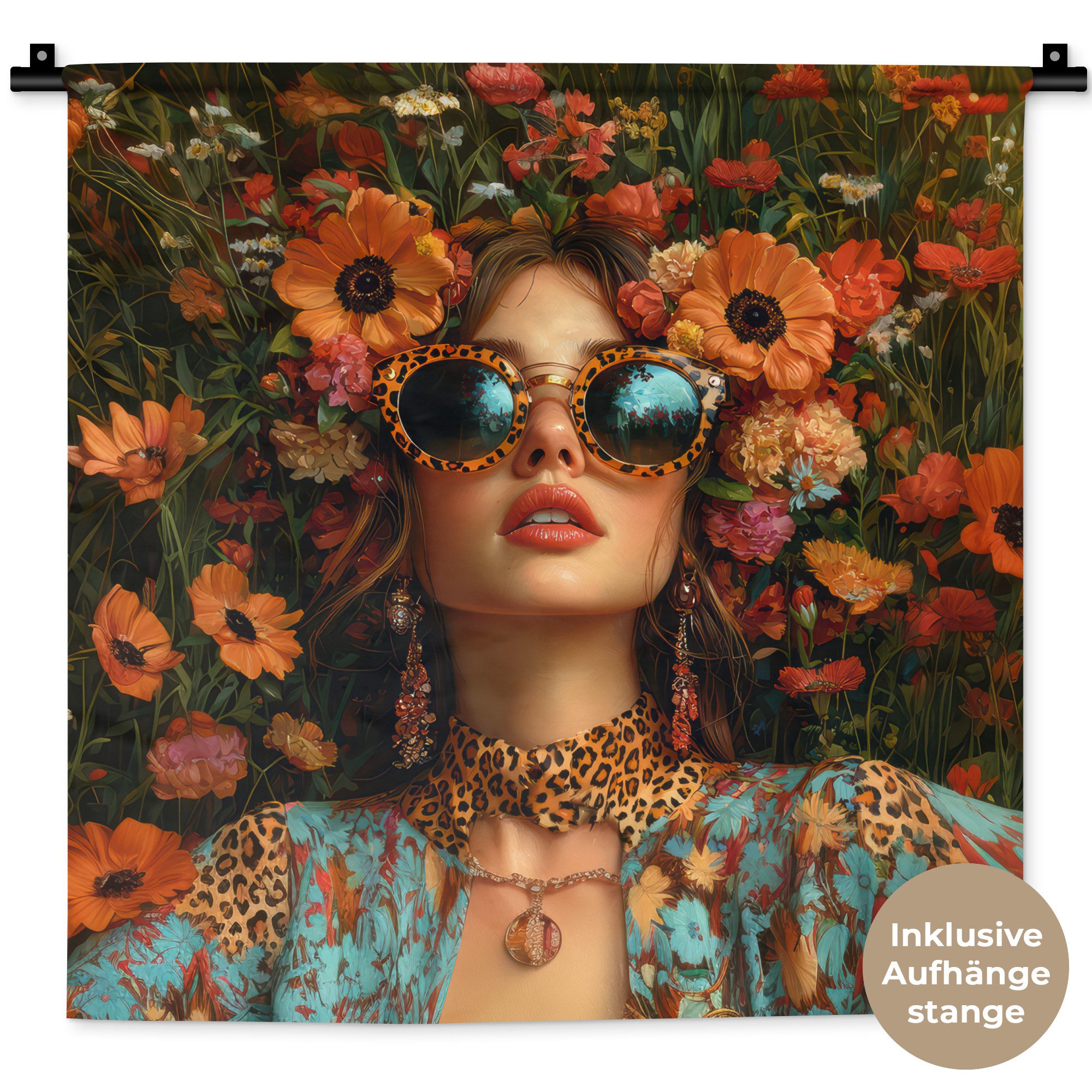MuchoWow Wandteppich Frauen - Blumen - Modern - Brille - Abstrakt, Quadratisch, Höhe: 3 mm, Wand Teppich, Deko für an den Wand, 60x60 cm
