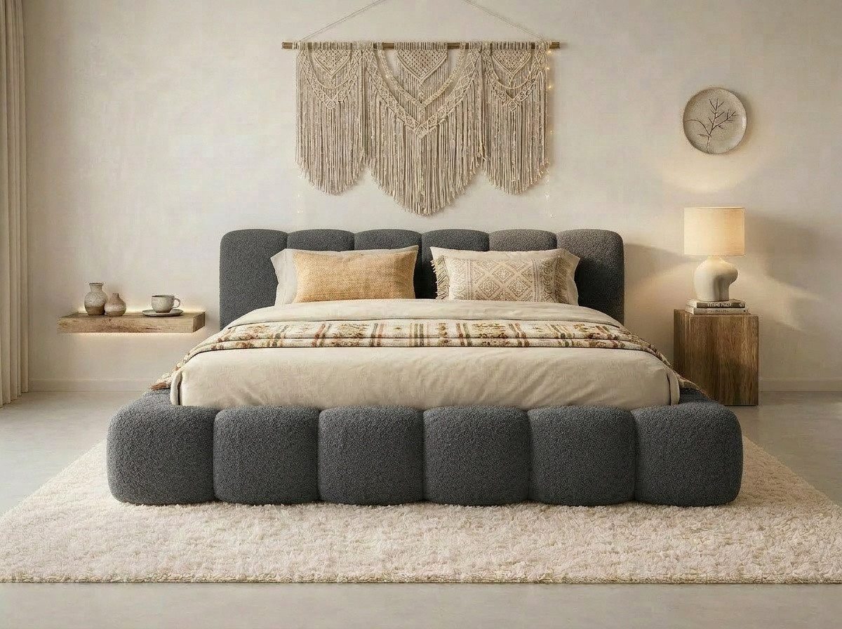 yourhouse24 Polsterbett Dallas Bouclé, angesagte Bubble-Optik (Bettgestell mit Bettkasten), Wolken-Design & Japandi