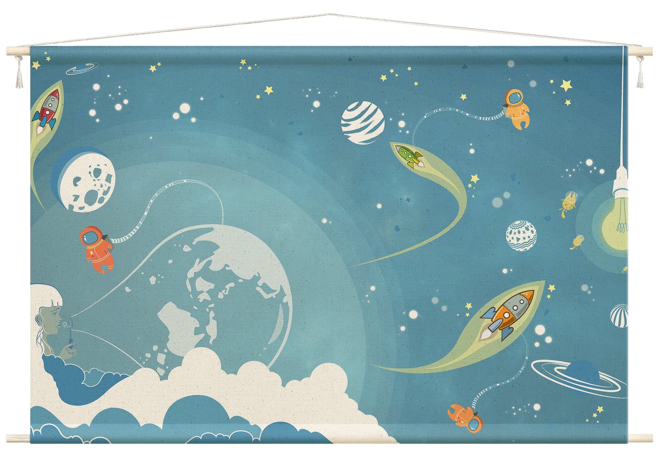 Bilderdepot24 Wandteppich Jungenzimmer modern Weltall blau, rechteckig, Höhe: 2.6 mm, großes Wandbild aus Natur-Baumwolle Wandbehang Stoffbild Tuch Wollseil