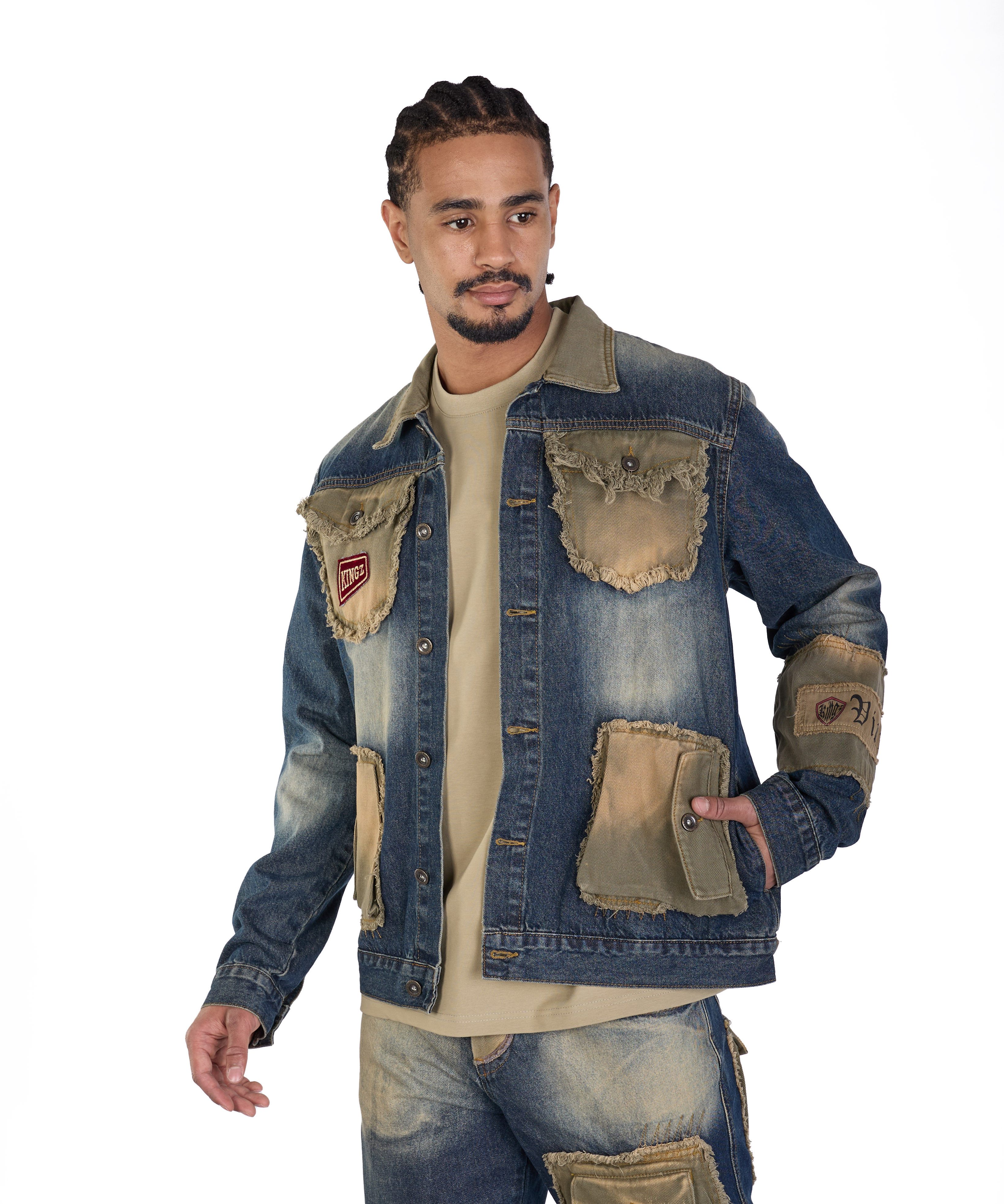 KINGZ Jeansjacke Herren Designer Patchwork Jeansjacke Stickereien, diverse Patches
