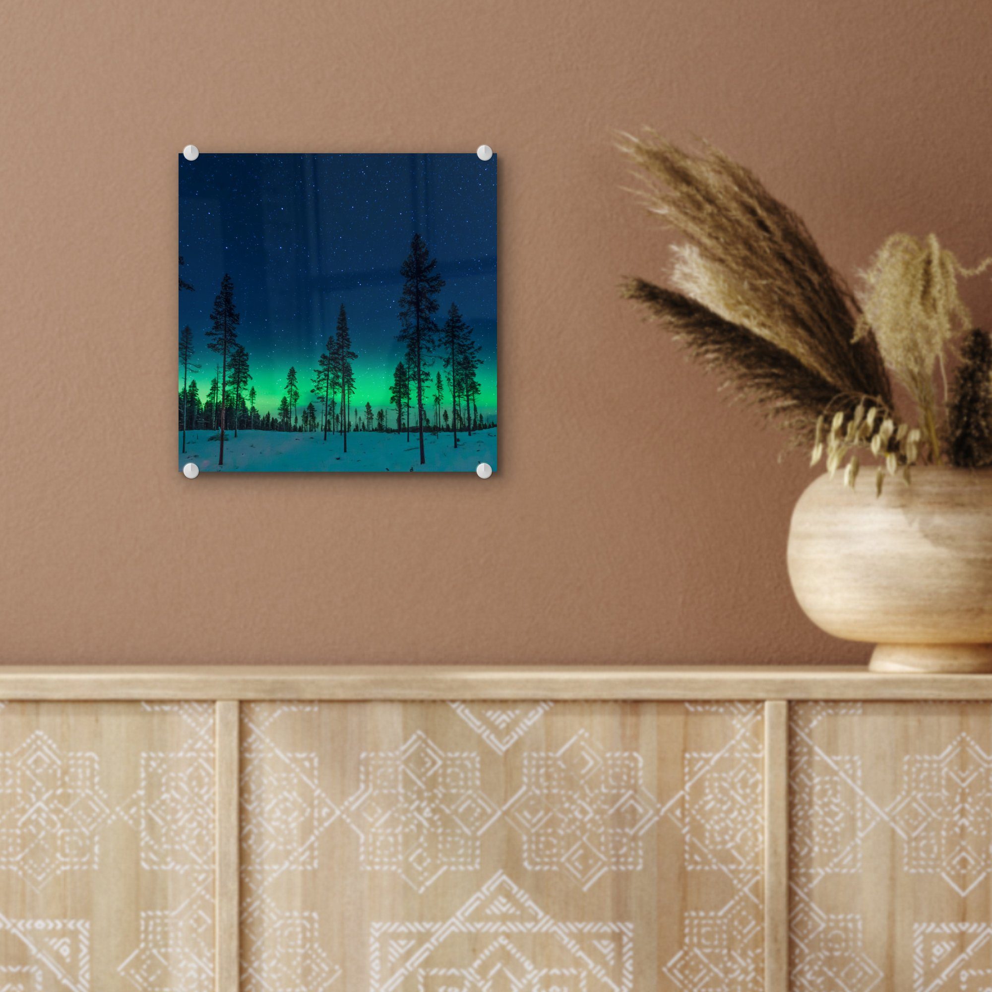 Nordlicht Foto auf Bäume St), Wanddekoration bunt - - Glas Natur Glasbilder - Bilder auf Grün, MuchoWow Acrylglasbild - - (1 Glas - Schnee - Wandbild