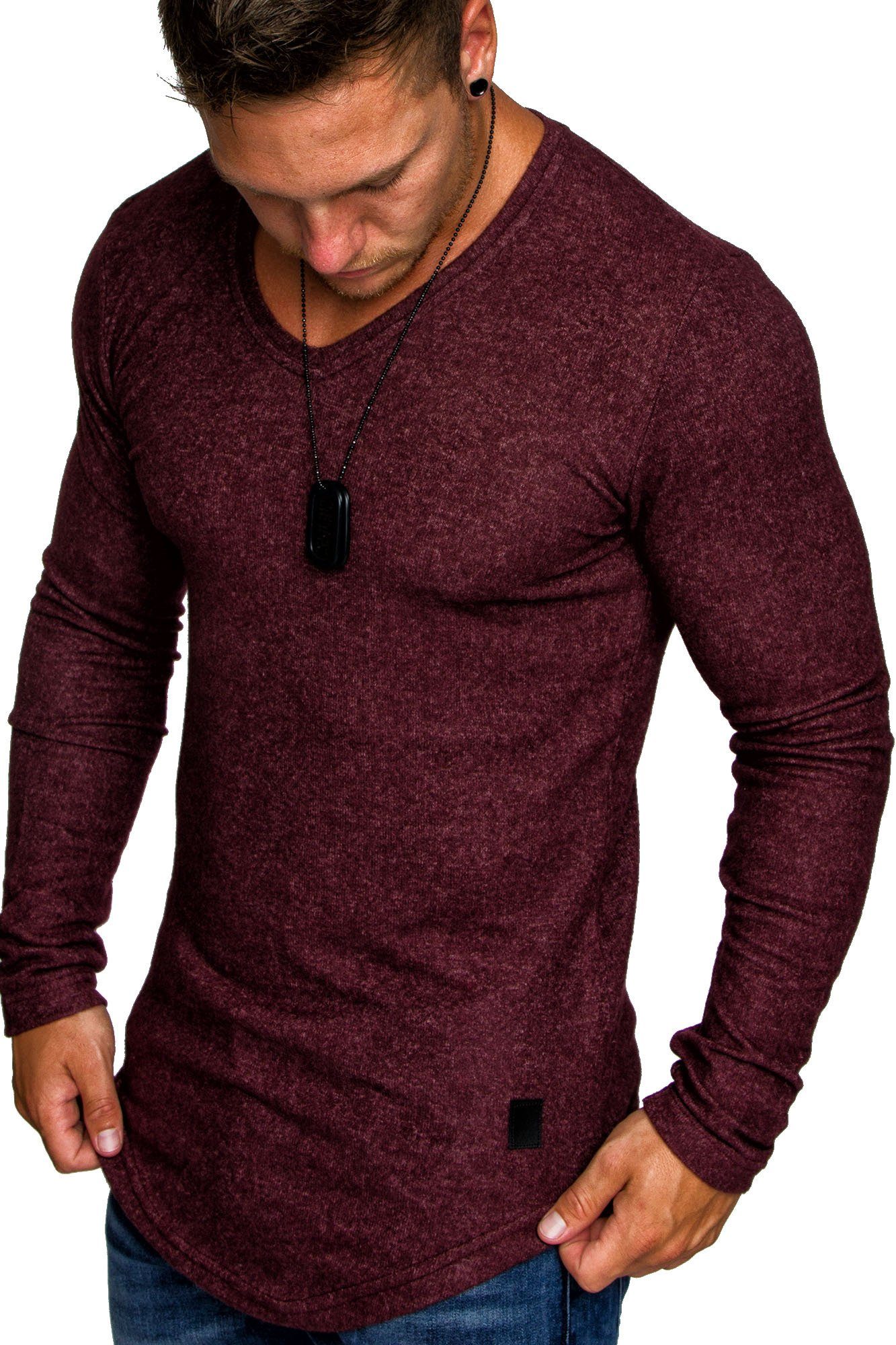 Amaci&Sons Sweatshirt DAVIE Feinstrick Pullover Herren Oversize Basic Melange Pullover Hoodie mit V-Ausschnitt Bordeaux