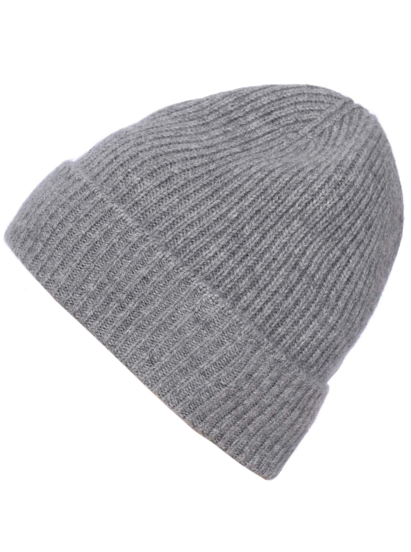 Strickmütze 100% mittelgrau Umschlag Beanie Zwillingsherz geripptem breitem mit Kaschmir Zwillingsherz Ribbed