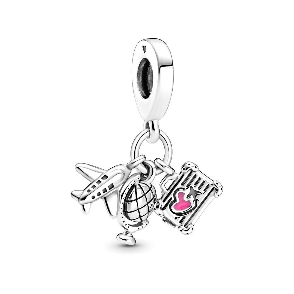 Charm-Einhänger Pandora Moments Flugzeug, Globus und Koffer Charm-Anhänger, Silber