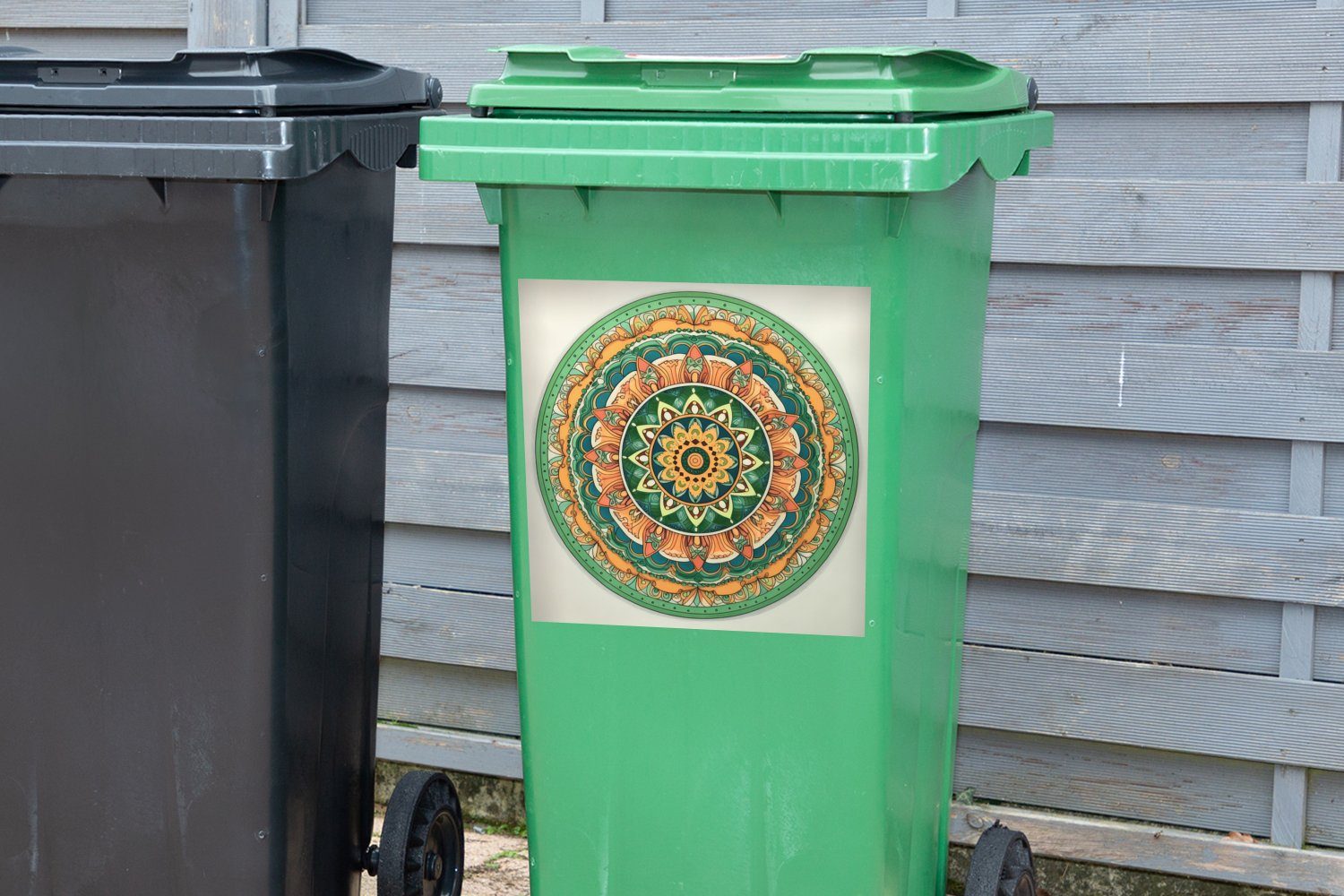 MuchoWow Wandsticker Mülltonne, - Mülleimer-aufkleber, Sticker, Boho - Abfalbehälter Grün - (1 St), Mandala Container, Hippie - Blumen