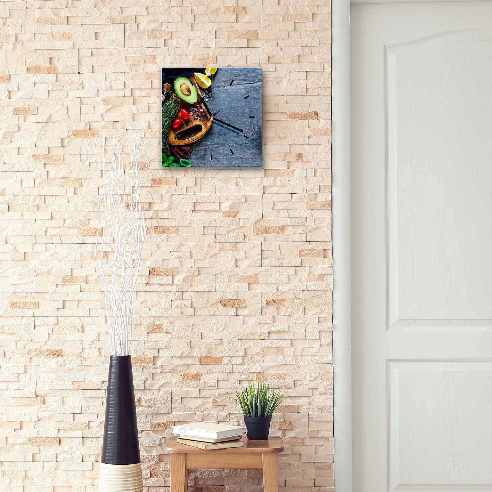 Größe Primedeco Motiv 30 Wanduhr Avocado und Tomaten mit Glasuhr Wandkunst cm 30 Wanduhr x