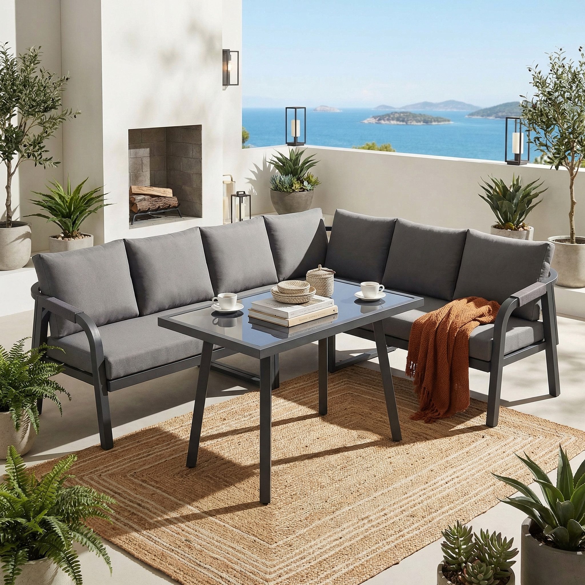 Merax Garten-Essgruppe Gartenmöbel-Set für bis zu 6 Personen, (2-tlg., Für Garten, Balkon und Terrasse), Ecksofa mit Esstisch, Geflochtene Arm- & Rückenlehnen, Verzinkte Stahl