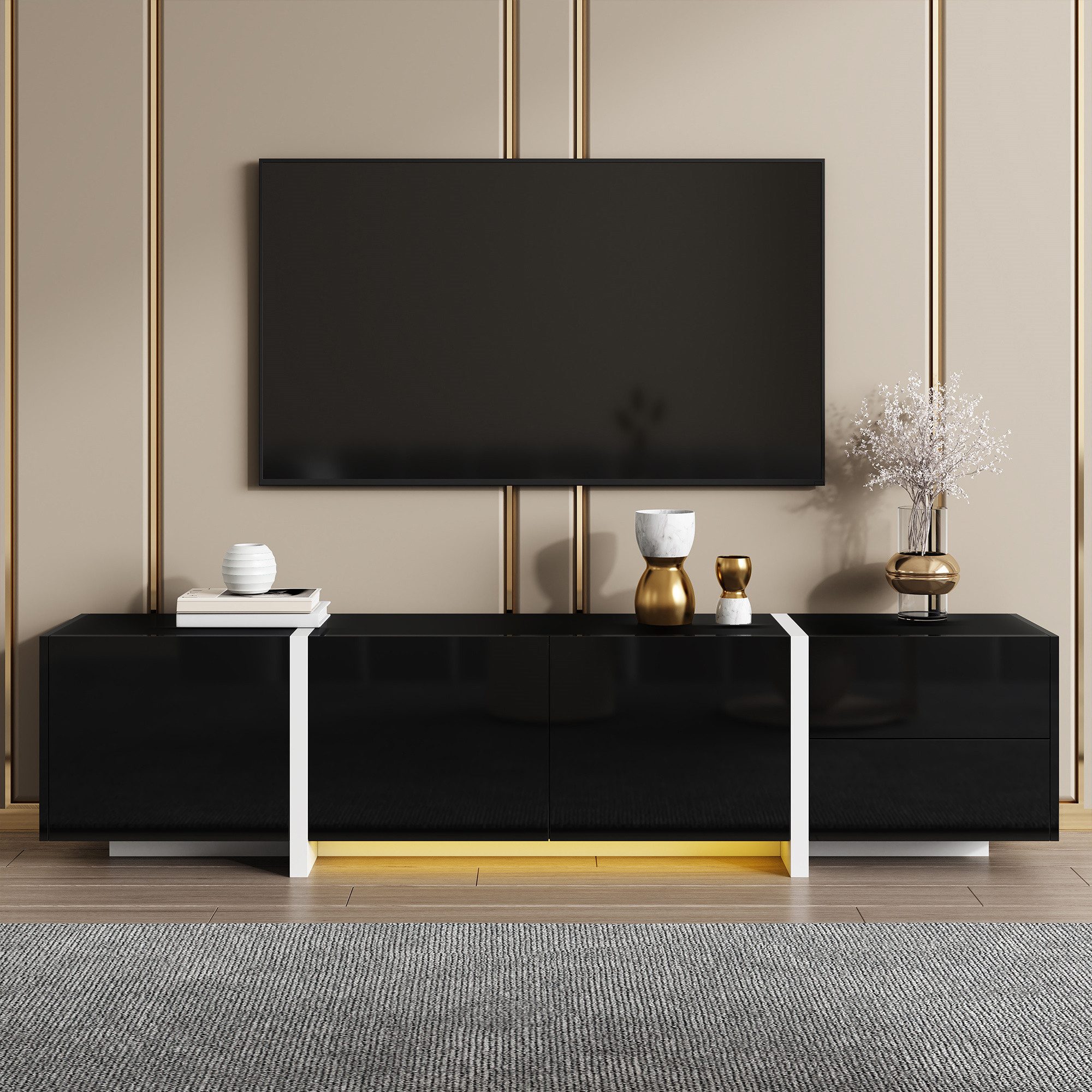 OKWISH Lowboard Hochglanzschrank (TV-Panel, Fernsehtisch, 1 St., 170*30*39cm), weißer und schwarz abgesetzte Tischbeine