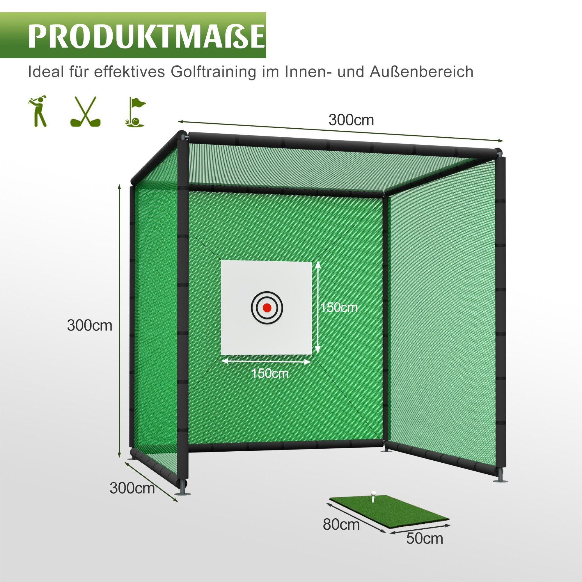 LVHOM Golf-Abschlagmatte Golf-Übungsnetz 300x300x300cm – Wie auf dem Platz, zuhause (pulverbeschichtet, 4 Schutznetze, Zielplane, Übungsmatte, Gummi-Tee, 2 Bälle, Abspannseile, Heringe, Bodenanker), für Indoor/Outdoor